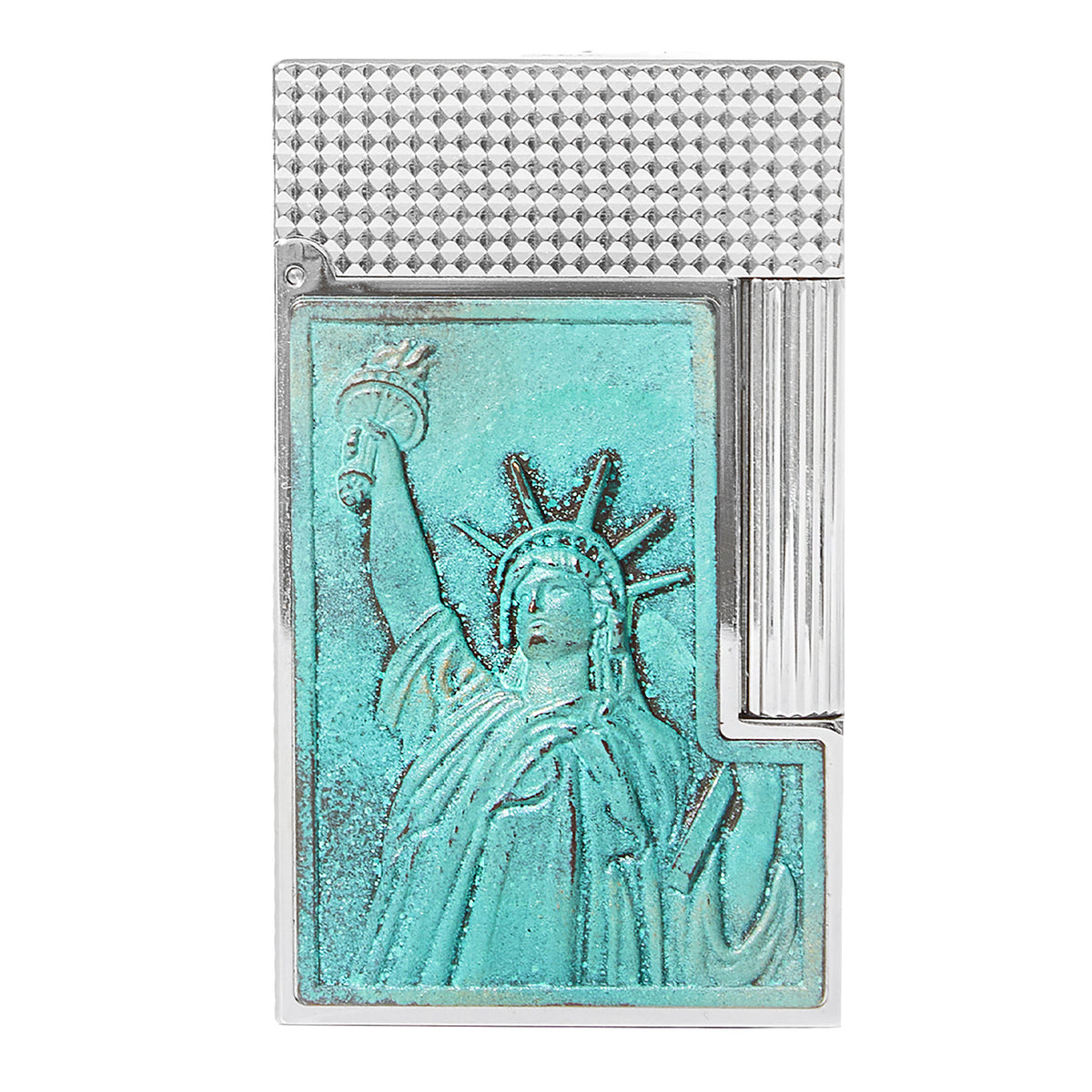 Silver lighter with textured top and turquoise Statue of Liberty relief panel on front, vertical ignition mechanism on side.
