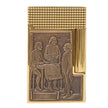 Gold-finish rectangular lighter with quilted top surface and embossed relief panel depicting three men in period dress around