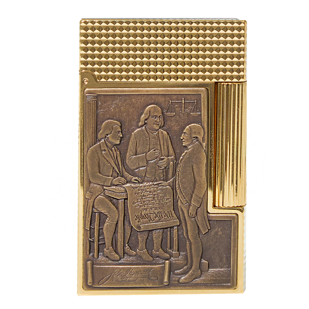 Gold-finish rectangular lighter with quilted top surface and embossed relief panel depicting three men in period dress around