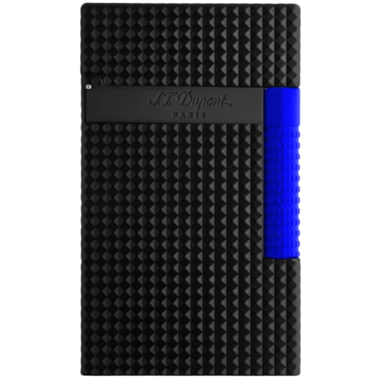 Textured ST Dupont lighter with a neon blue starter and black body