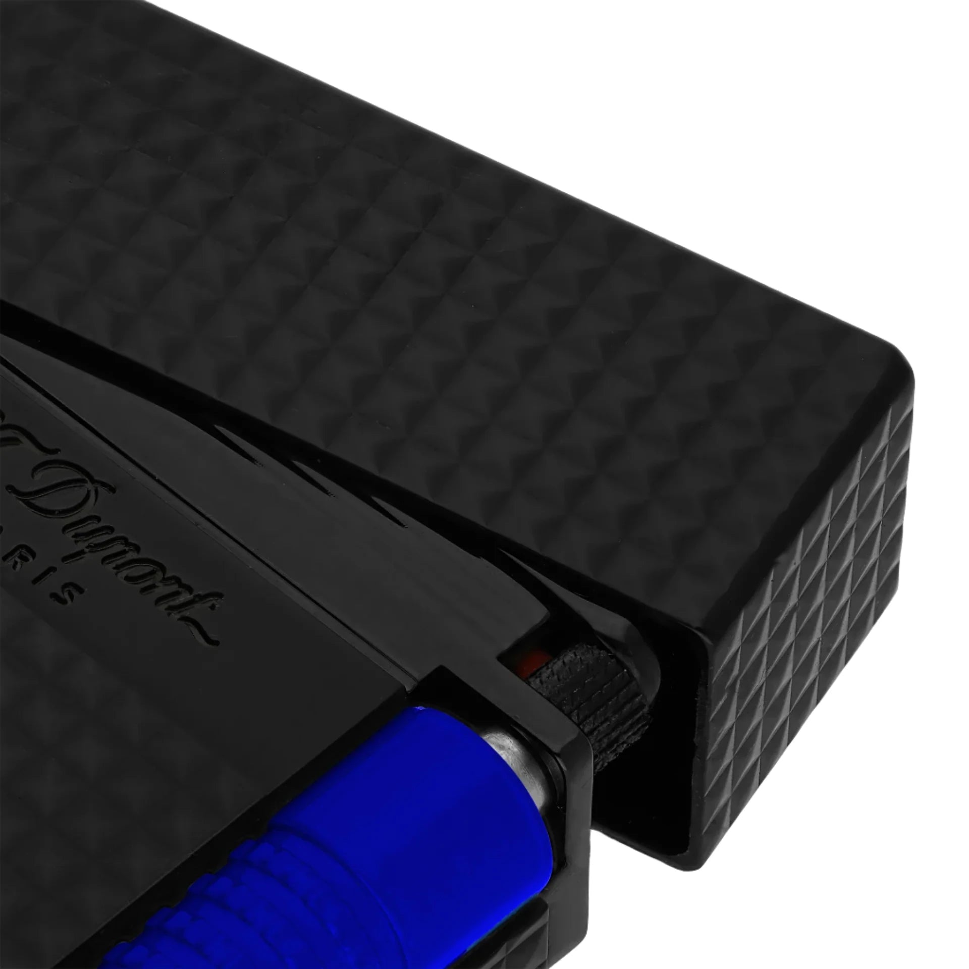 A close up of the top of the S.T. Dupont Le Grand Cling Fluo lighter showcasing the top lif half open and blue starter 