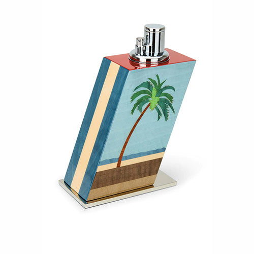 An Elie Bleu "Casa Cubana" Table Lighter from the Elie Bleu Collection, featuring a blue, red, and white box with a metal lid, provided by KirbyAllison.com, displayed against a white background.