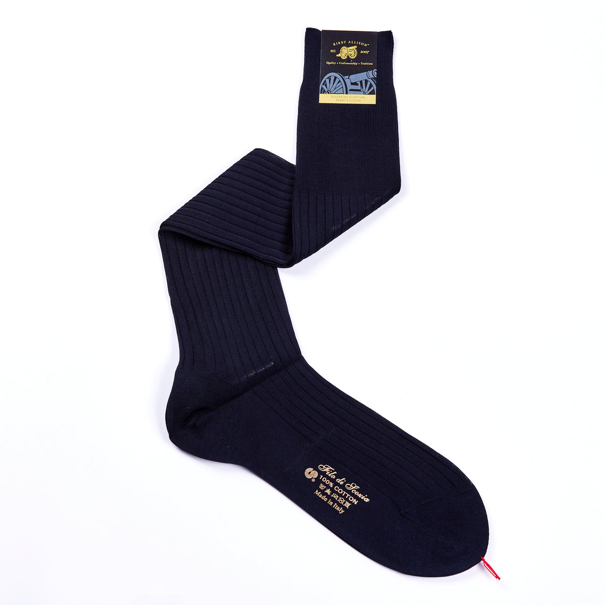 A pair of navy Egyptian Makó cotton dress socks, the Sovereign Grade Super-Fine Over-the-Calf 920L 100% Cotton Dress Socks from KirbyAllison.com.