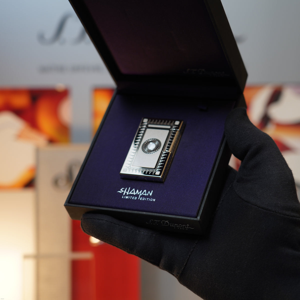 Vintage 2005 S.T. Dupont “Shaman” Limited Edition Heavy Platinum Mother‑of‑Pearl White Natural Lacquer Large Ligne 1 Lighter