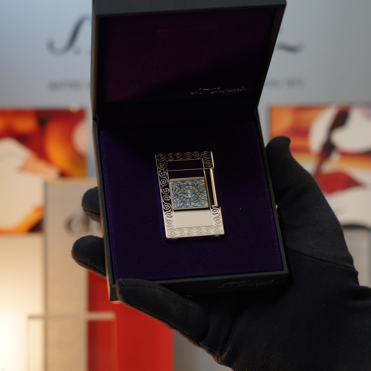 Vintage 2005 S.T. Dupont Trinacria Sicilian Mosaic Ceramic Floral Arabeque Limited to 295 Palladium Large Ligne 2 Lighter No.221/295 Clink Sound