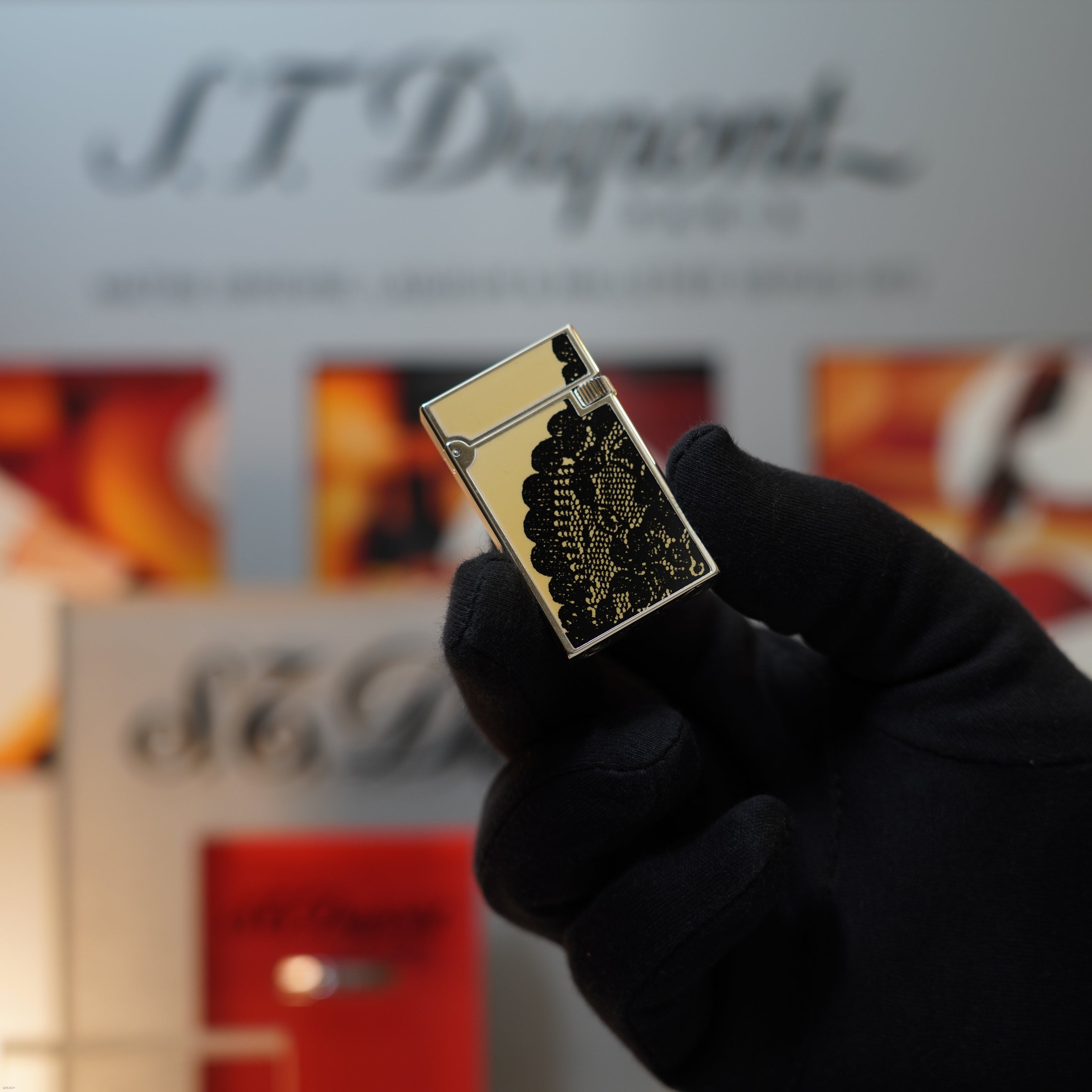 Vintage March 1996 S.T. Dupont “Fantasia” Limited Edition Heavy Platinum Black‑White yellow Lace Motif Natural Lacquer Lighter