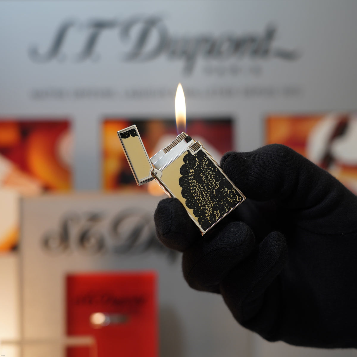 Vintage March 1996 S.T. Dupont “Fantasia” Limited Edition Heavy Platinum Black‑White yellow Lace Motif Natural Lacquer Lighter