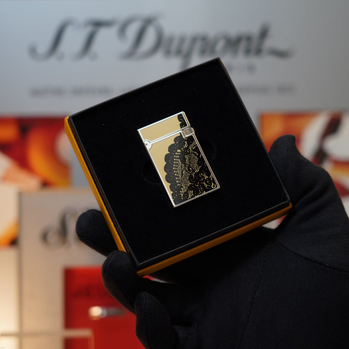 Vintage March 1996 S.T. Dupont “Fantasia” Limited Edition Heavy Platinum Black‑White yellow Lace Motif Natural Lacquer Lighter