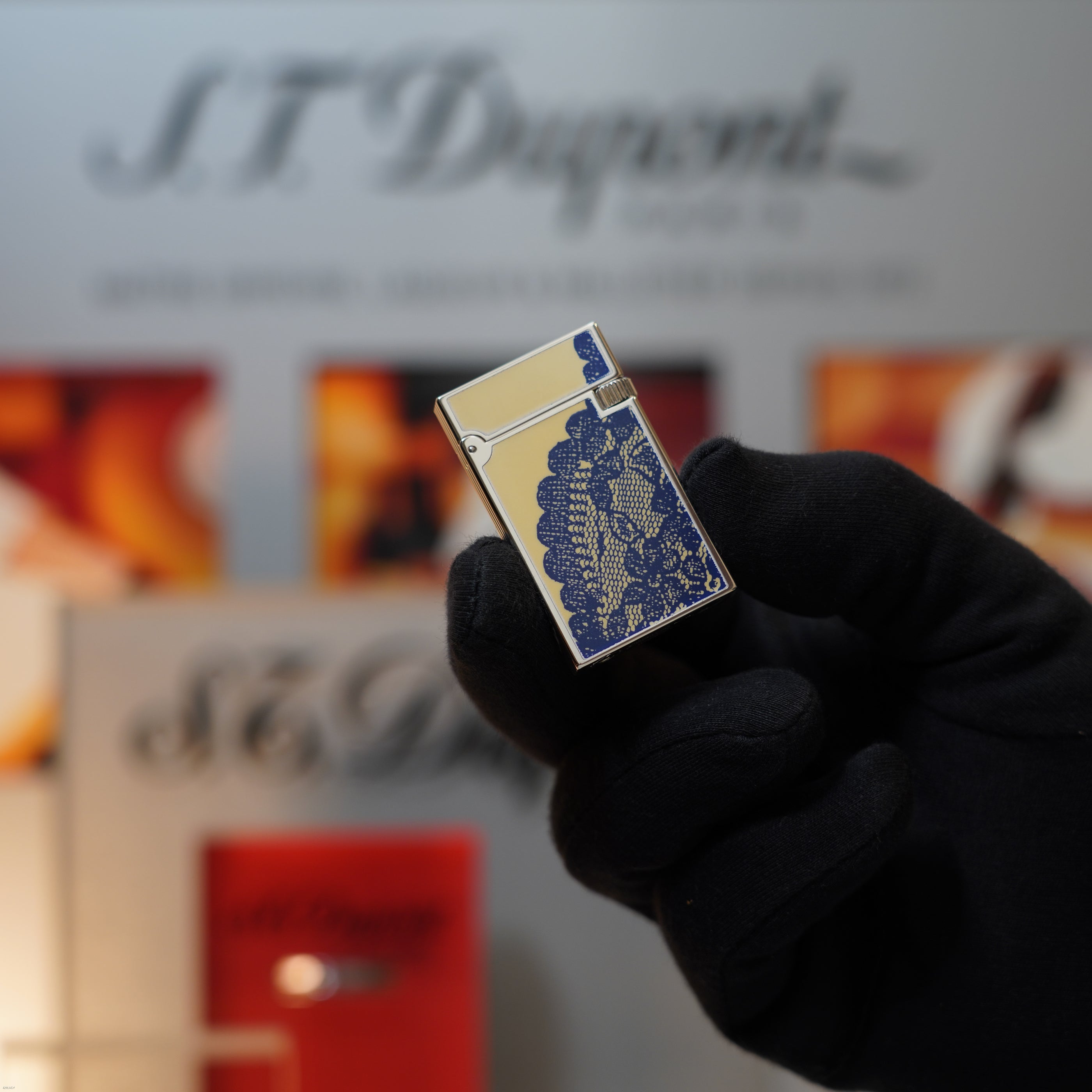 Vintage March 1996 S.T. Dupont “Fantasia” Limited Edition Heavy Platinum Blue‑White yellow Lace Motif Natural Lacquer Lighter