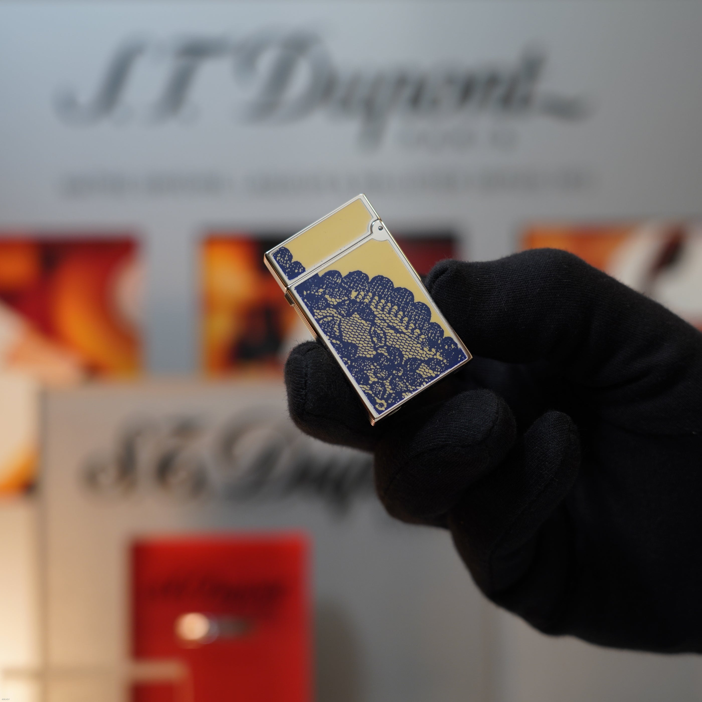 Vintage March 1996 S.T. Dupont “Fantasia” Limited Edition Heavy Platinum Blue‑White yellow Lace Motif Natural Lacquer Lighter