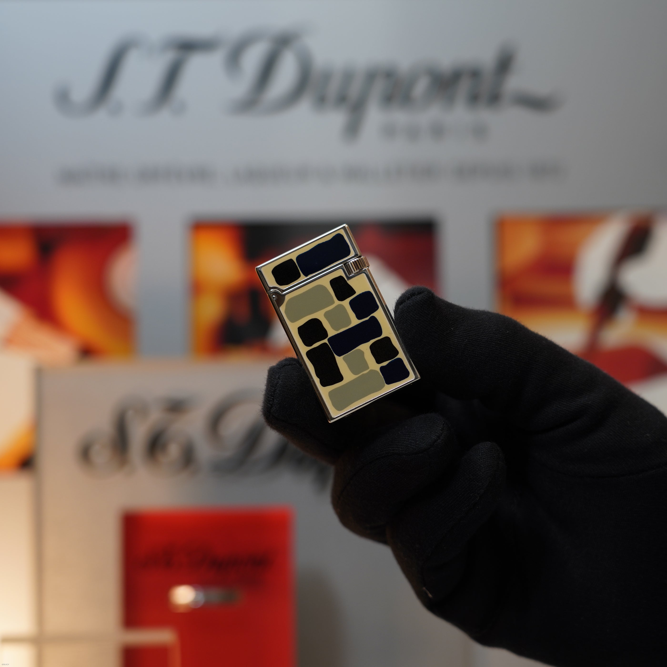 Vintage 1996 S.T. Dupont “Fantasia” Limited Edition Heavy Platinum Geometric Mosaic Lacquer Lighter