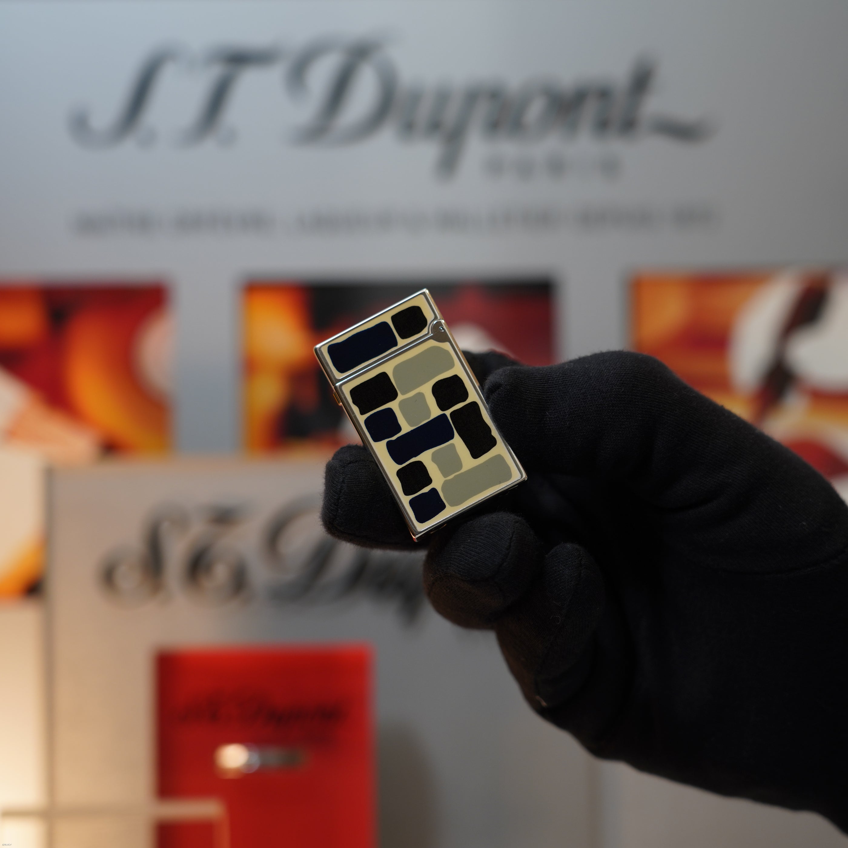 Vintage 1996 S.T. Dupont “Fantasia” Limited Edition Heavy Platinum Geometric Mosaic Lacquer Lighter