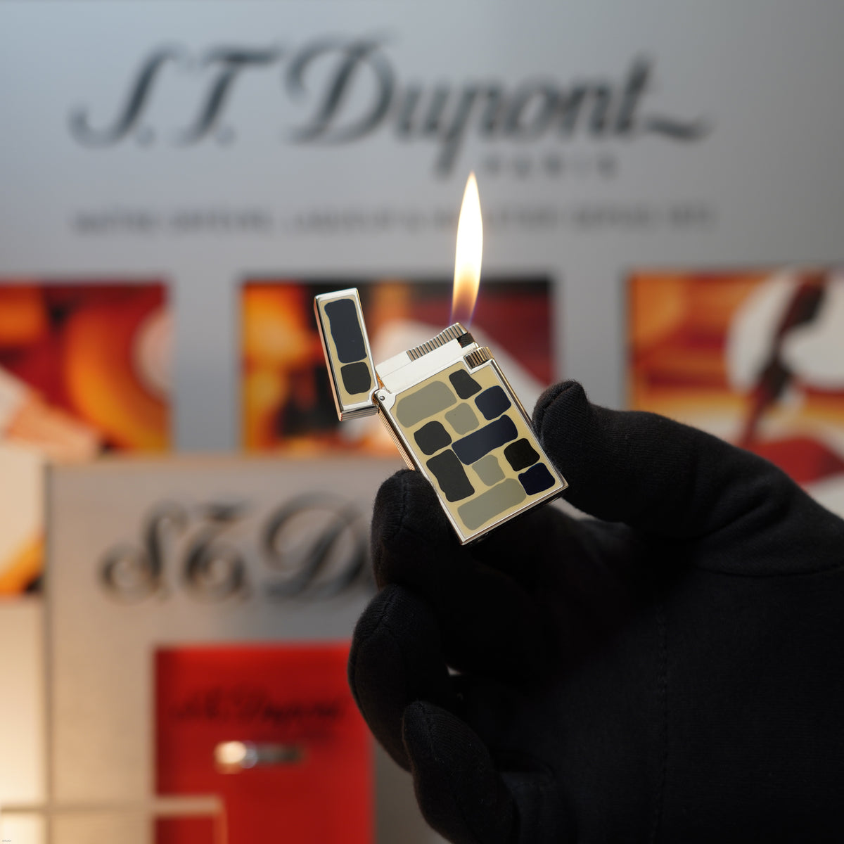 Vintage 1996 S.T. Dupont “Fantasia” Limited Edition Heavy Platinum Geometric Mosaic Lacquer Lighter