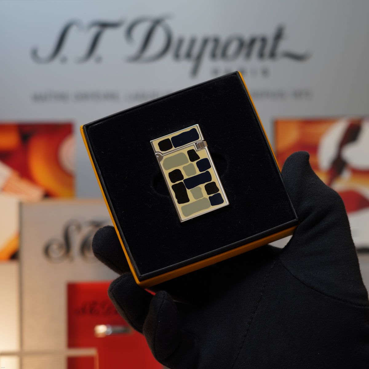 Vintage 1996 S.T. Dupont “Fantasia” Limited Edition Heavy Platinum Geometric Mosaic Lacquer Lighter