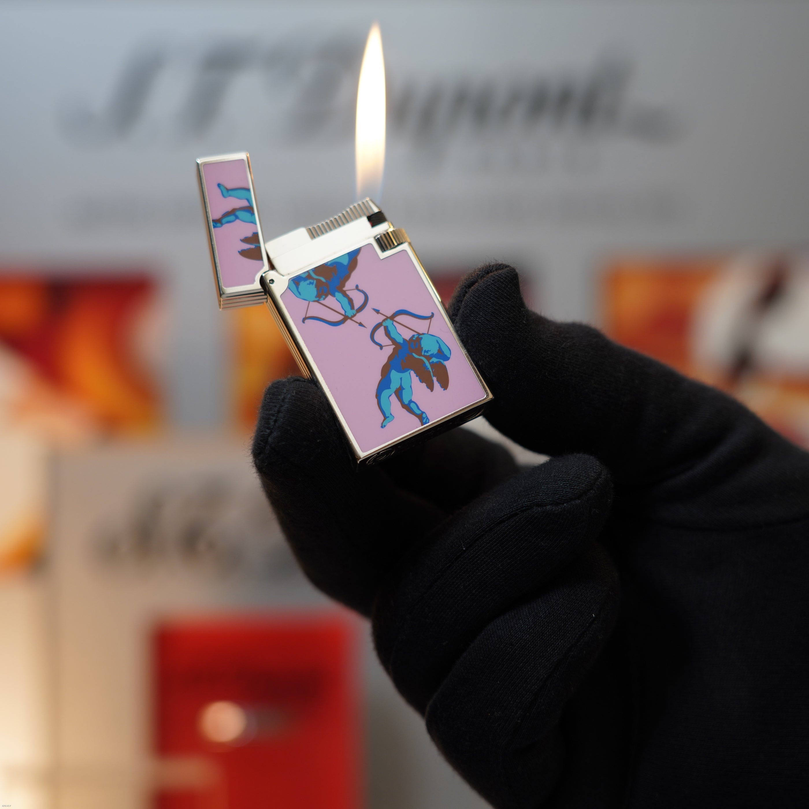 Vintage March 1996 S.T. Dupont “Fantasia” Limited Edition Heavy Platinum Rare Cupid (Roman Eros) Mythological Motif – Hand-Applied Natural Lacquer Panel Lighter
