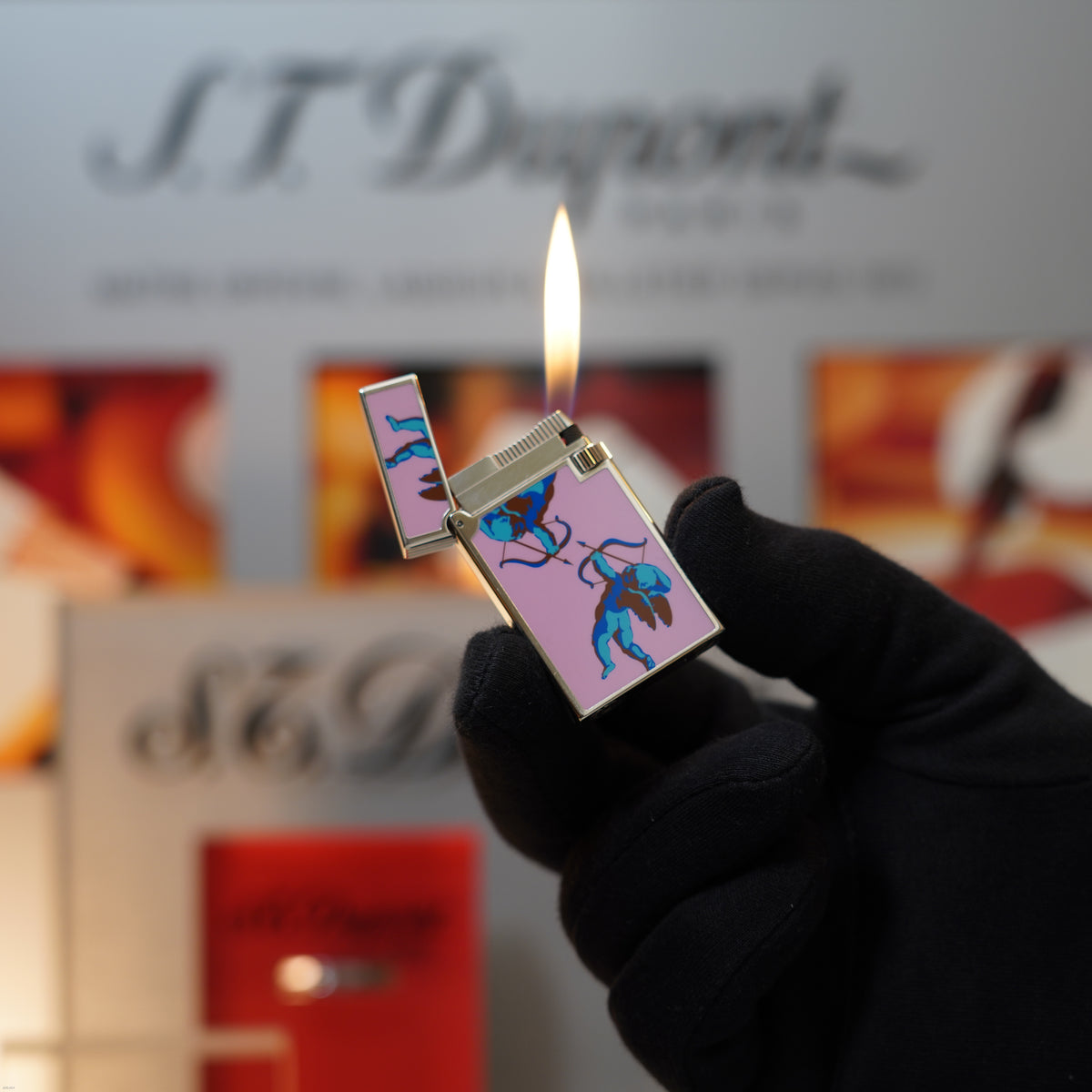 Vintage March 1996 S.T. Dupont “Fantasia” Limited Edition Heavy Platinum Rare Cupid (Roman Eros) Mythological Motif – Hand-Applied Natural Lacquer Panel Lighter