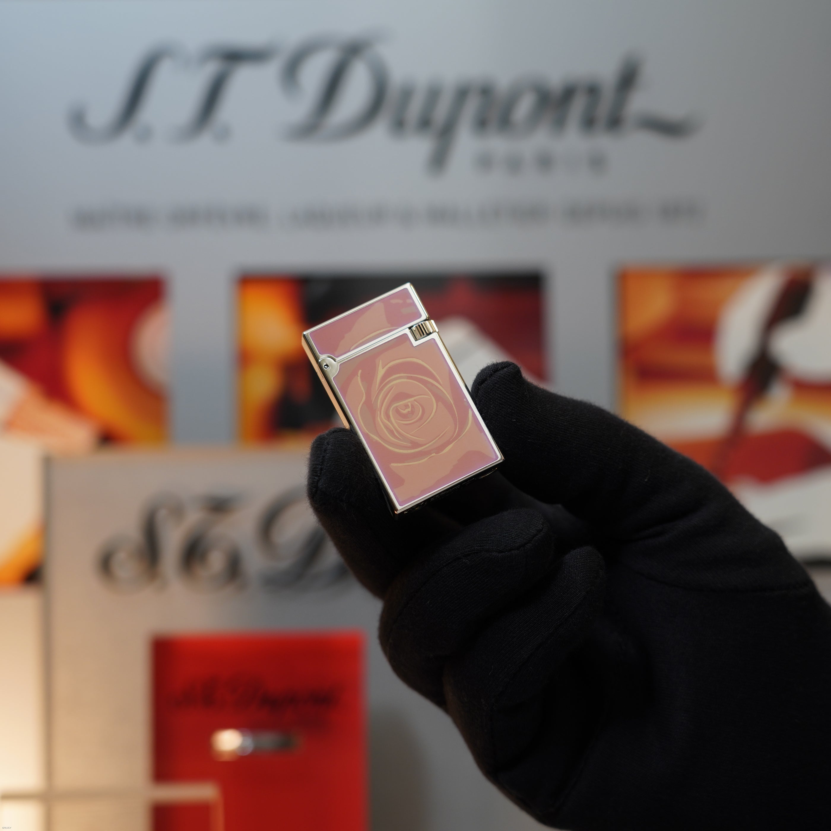 Vintage March 2002 S.T. Dupont “Fantasia” Limited Edition Heavy Platinum Romantic Floral Rose Silhouette Natural Lacquer Lighter