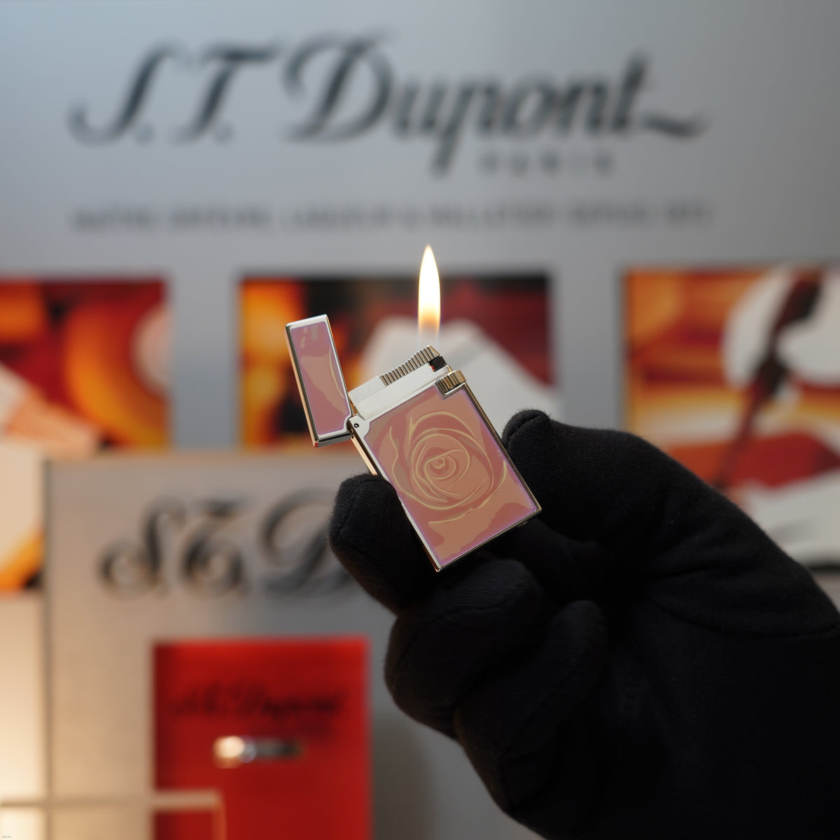 Vintage March 2002 S.T. Dupont “Fantasia” Limited Edition Heavy Platinum Romantic Floral Rose Silhouette Natural Lacquer Lighter