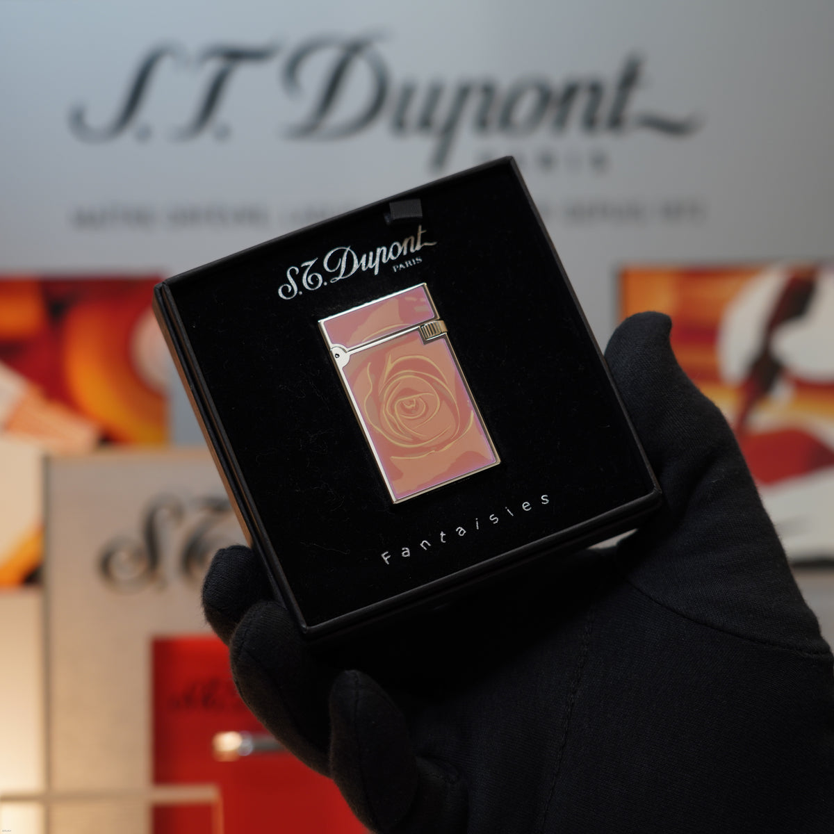 Vintage March 2002 S.T. Dupont “Fantasia” Limited Edition Heavy Platinum Romantic Floral Rose Silhouette Natural Lacquer Lighter