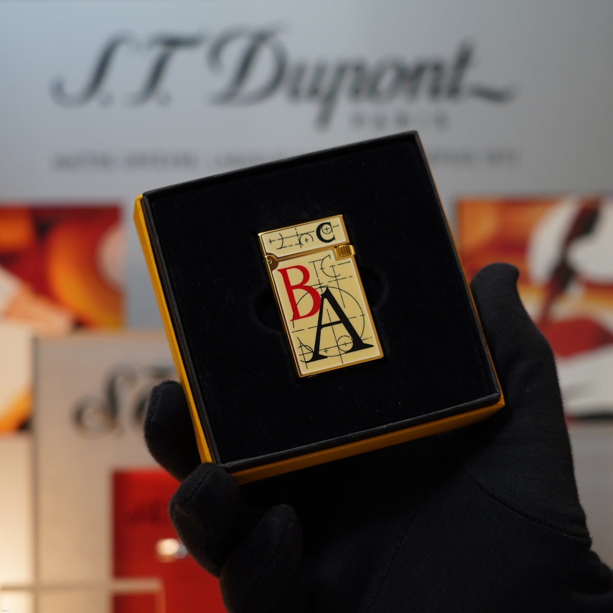 Vintage March 1996 S.T. Dupont “Fantasia” Limited Edition Heavy 24k Gold Bauhaus Geometry Architectural Letterform Natural Lacquer Lighter