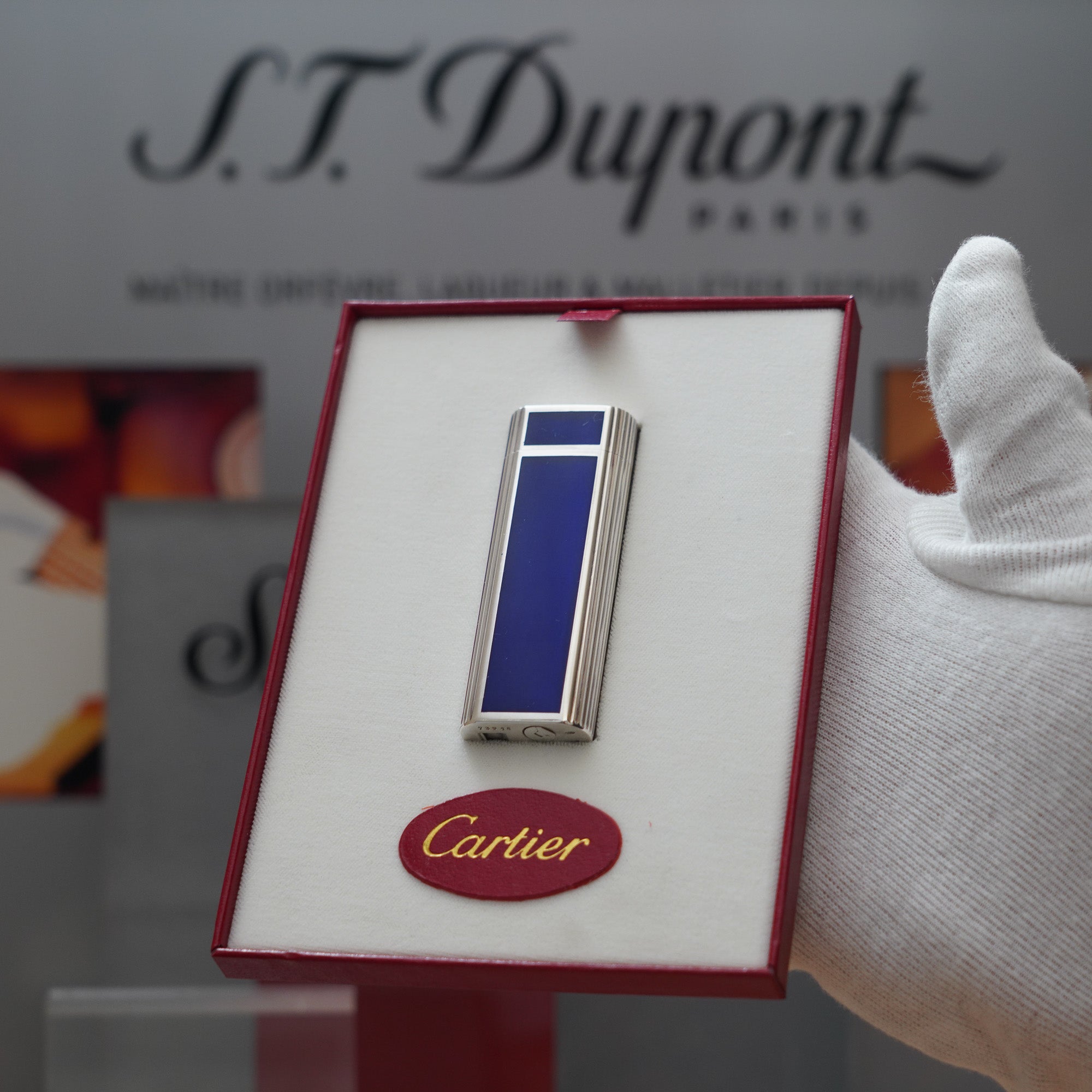 Vintage 1970 Extremely Rare Cartier Sterling Blue Guilloché Enamel Solid Silver 925 Hallmark factory lighter