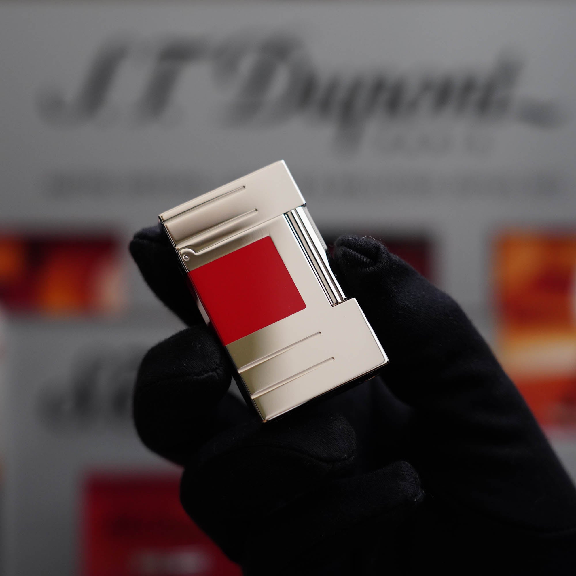 Vintage 1990 Limited Heavy Palladium Finish S.T. Dupont Ligne 2 Abstraction Red Laquer Lighter.