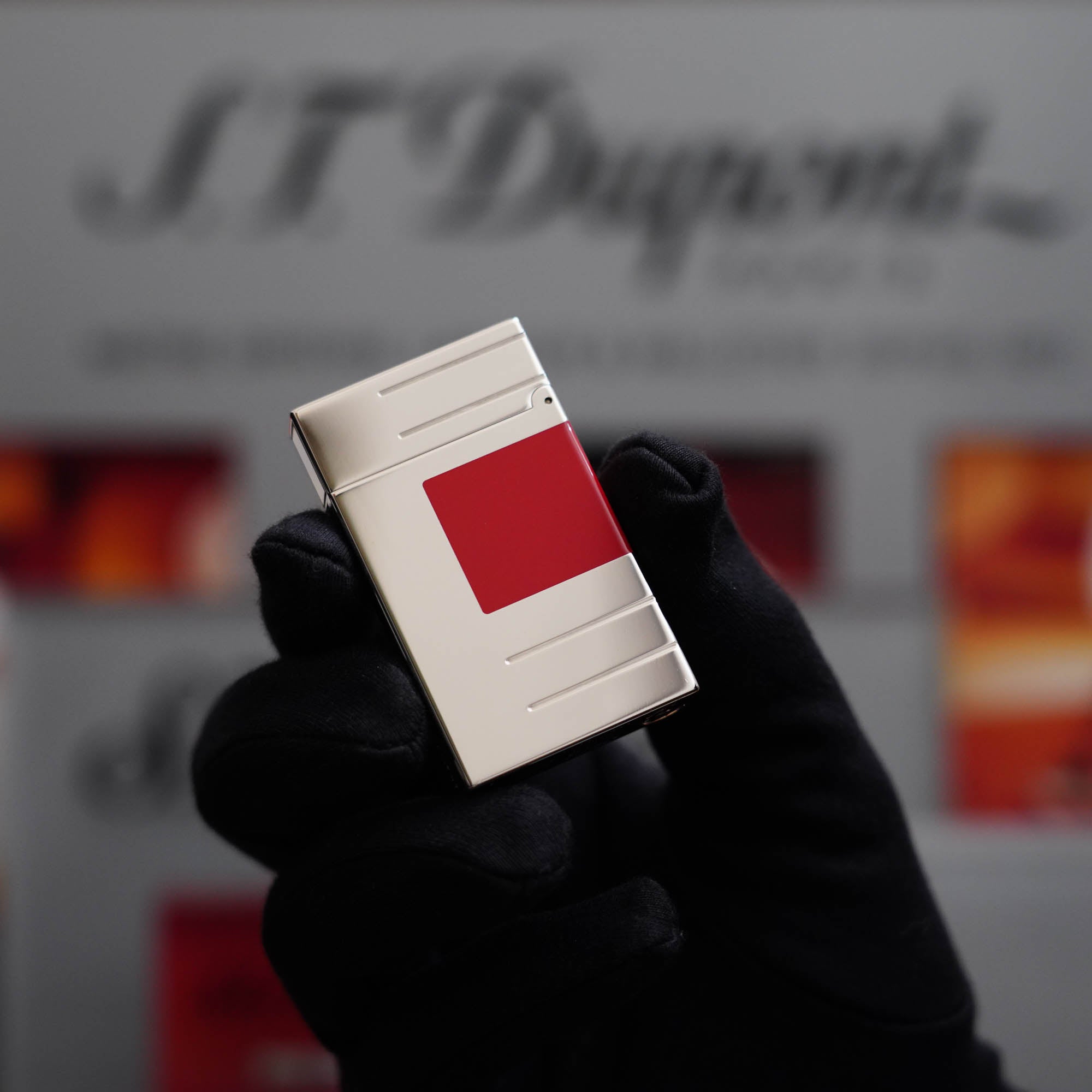 A Vintage 1990 Limited Heavy Palladium Finish St Dupont Ligne 2 Abstraction Red Laquer Lighter.