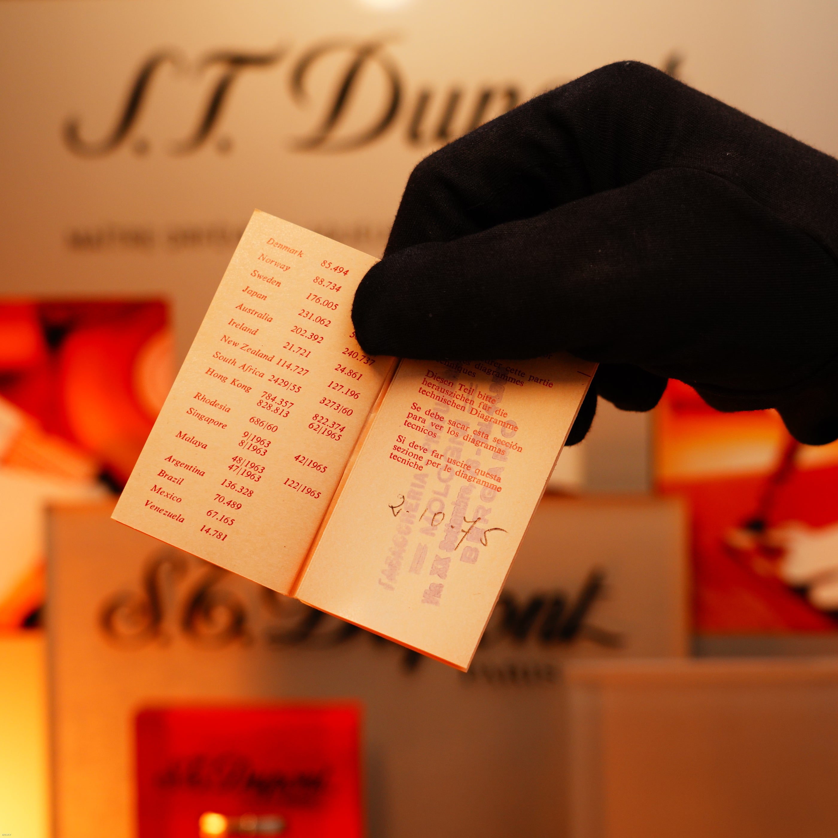 A gloved hand holds an open booklet listing currency exchange rates, with blurred Lucy Lighter branding in the background and hints of a Vintage 1975 Dunhill 24k Heavy Gold Finish Barley Pattern Early Version Lighter.