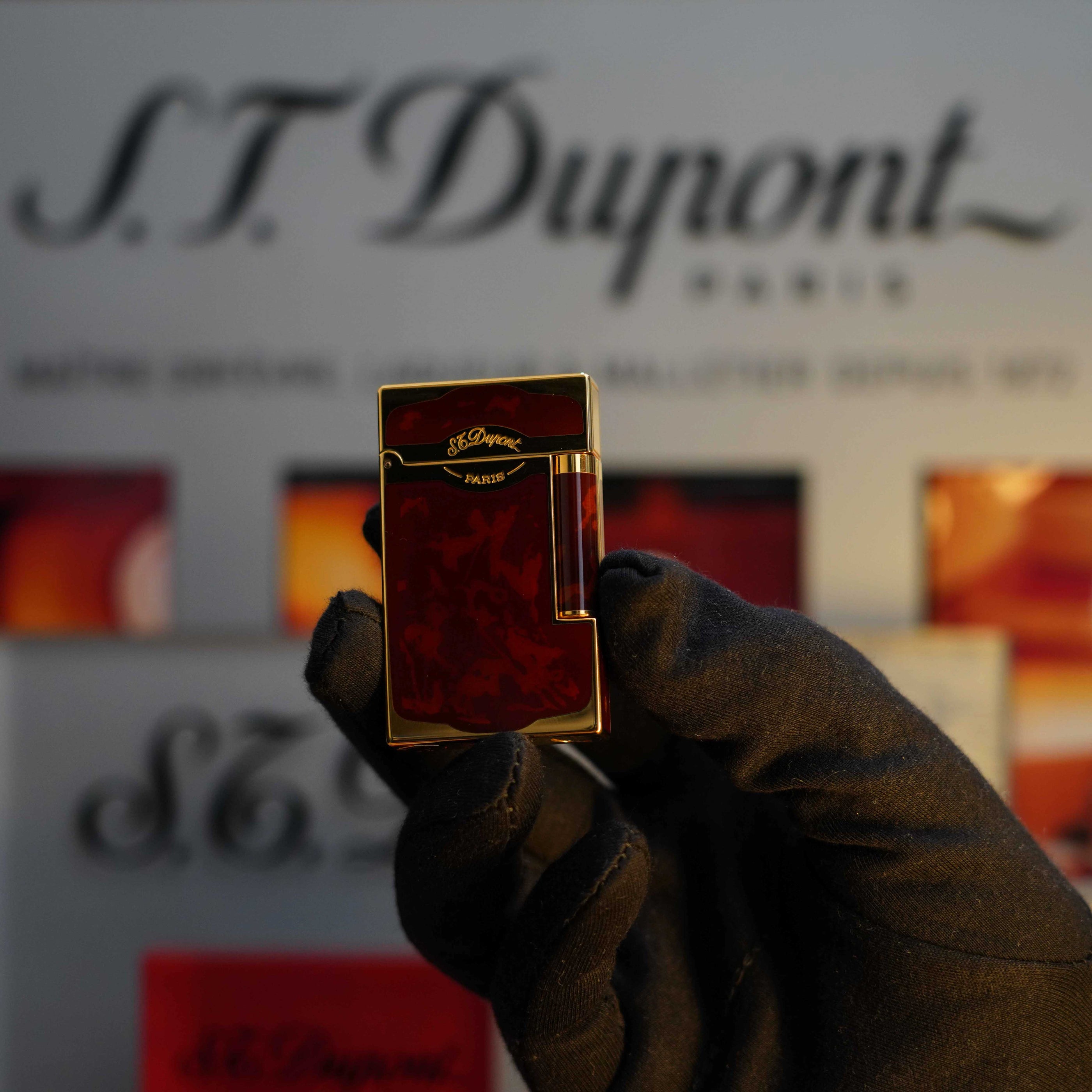 Vintage 1990 St Dupont Maduro 24k Dual Flame Oscuro Gold Finish Chinese Laqcuer Lighter