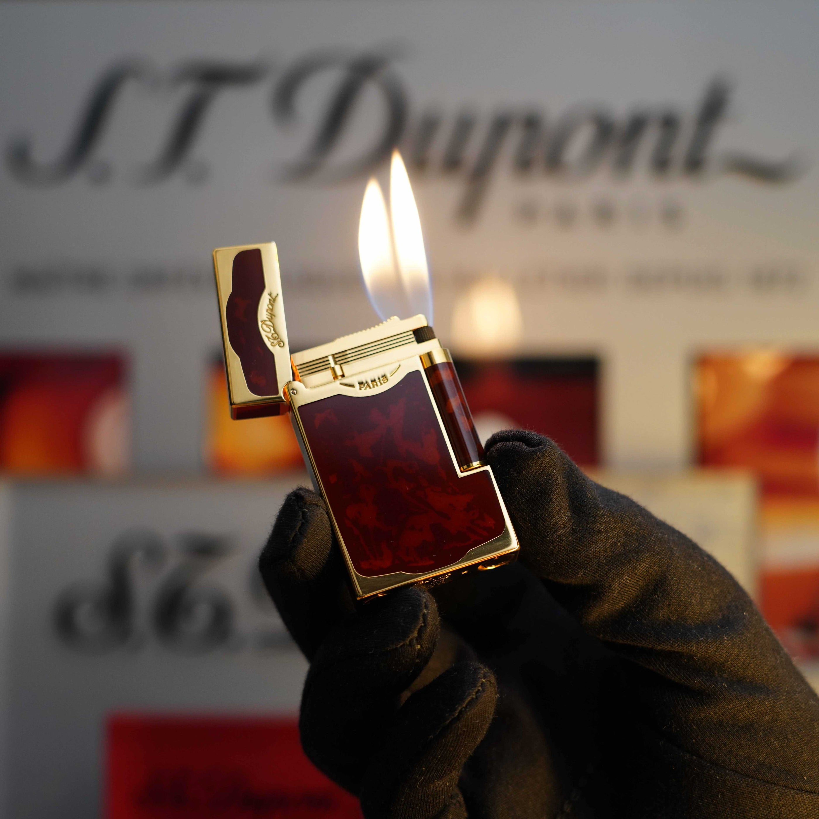 Vintage 1990 St Dupont Maduro 24k Dual Flame Oscuro Gold Finish Chinese Laqcuer Lighter