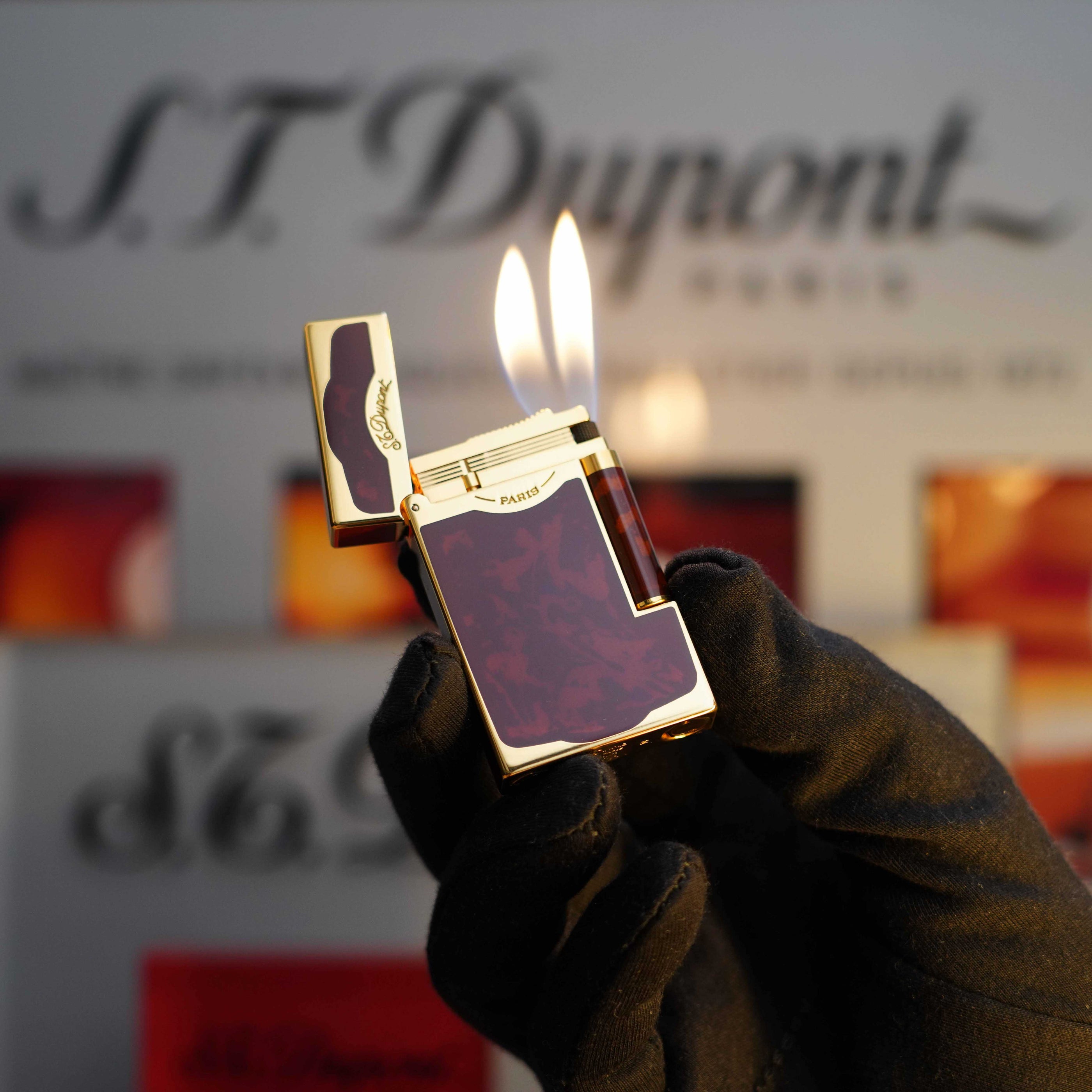 Vintage 1990 St Dupont Maduro 24k Dual Flame Oscuro Gold Finish Chinese Laqcuer Lighter