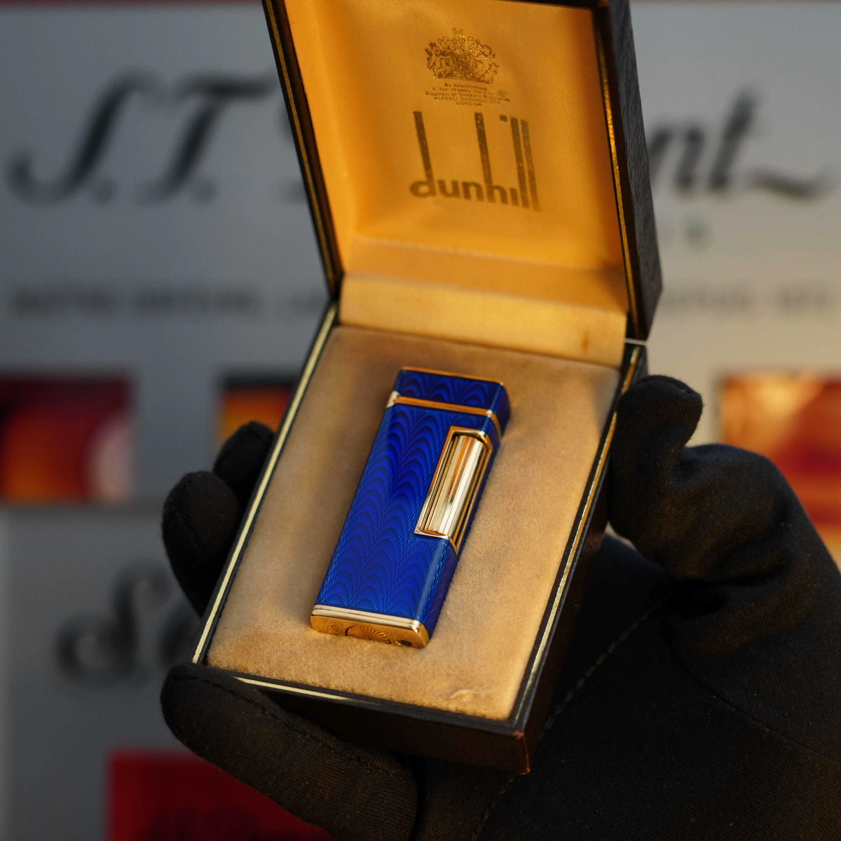 Vintage 1970 Extremely rare Dunhill Rollagas Solid Gold Guilloché Blue Enamel 18k Hallmark Lighter