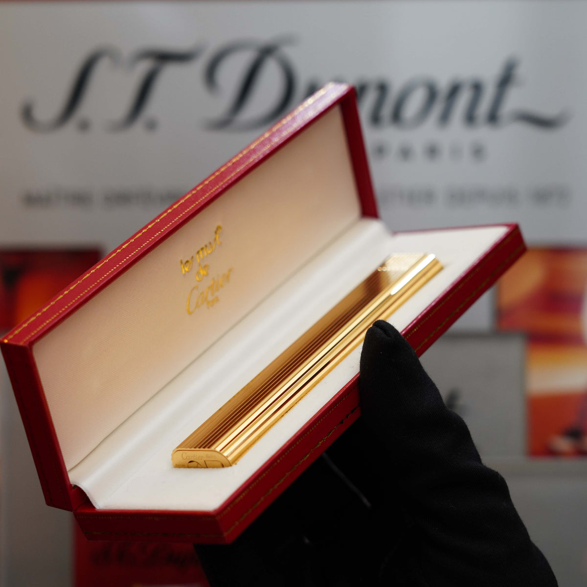 Vintage 1980 Cartier 24k Gold Vertical Lines Heavy Plate Table Lighter