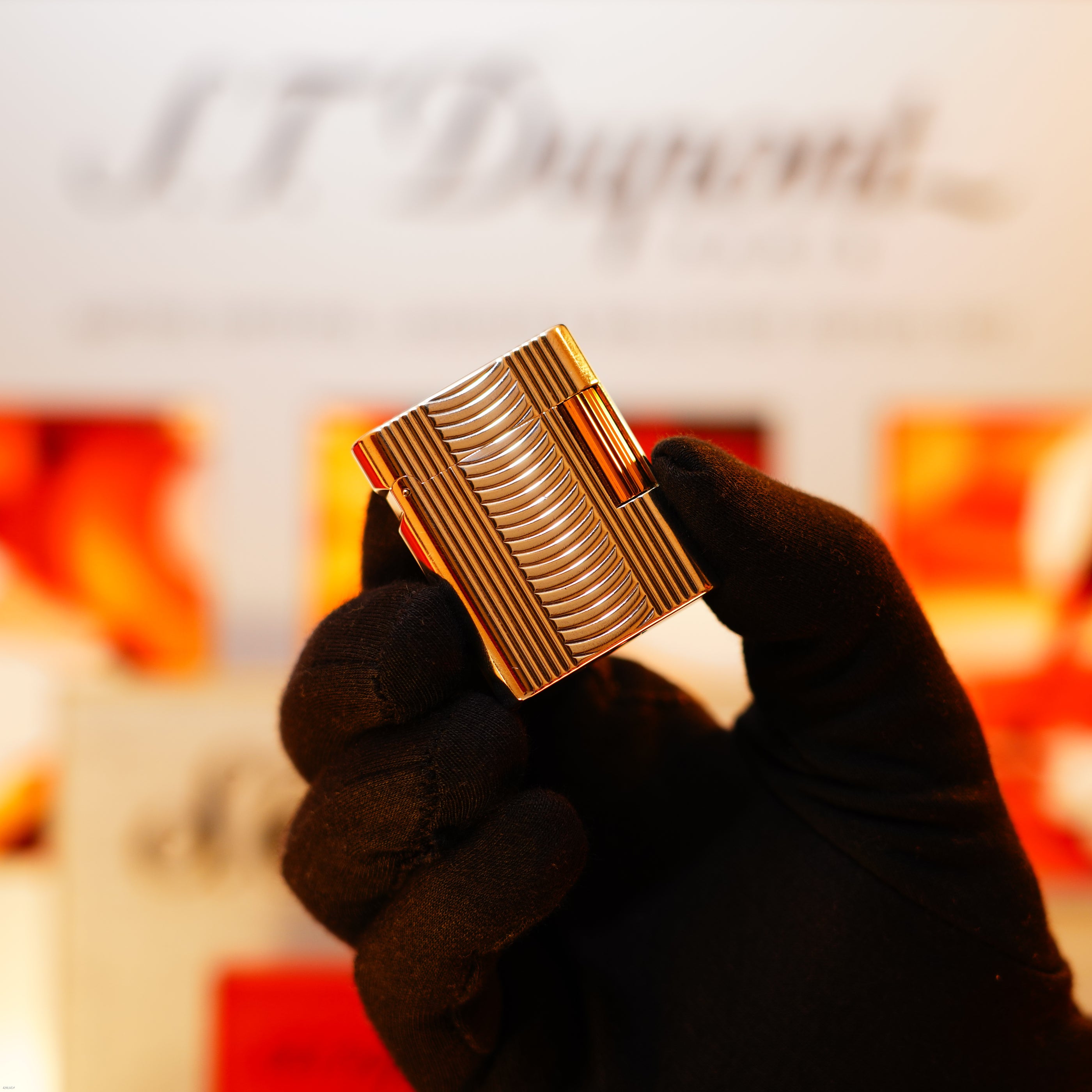 Vintage 1994 S.T. Dupont “Soubreny” Arc Wave Guilloché with Vertical Ribbed Sides Silver & Gold Lighter – Full Set