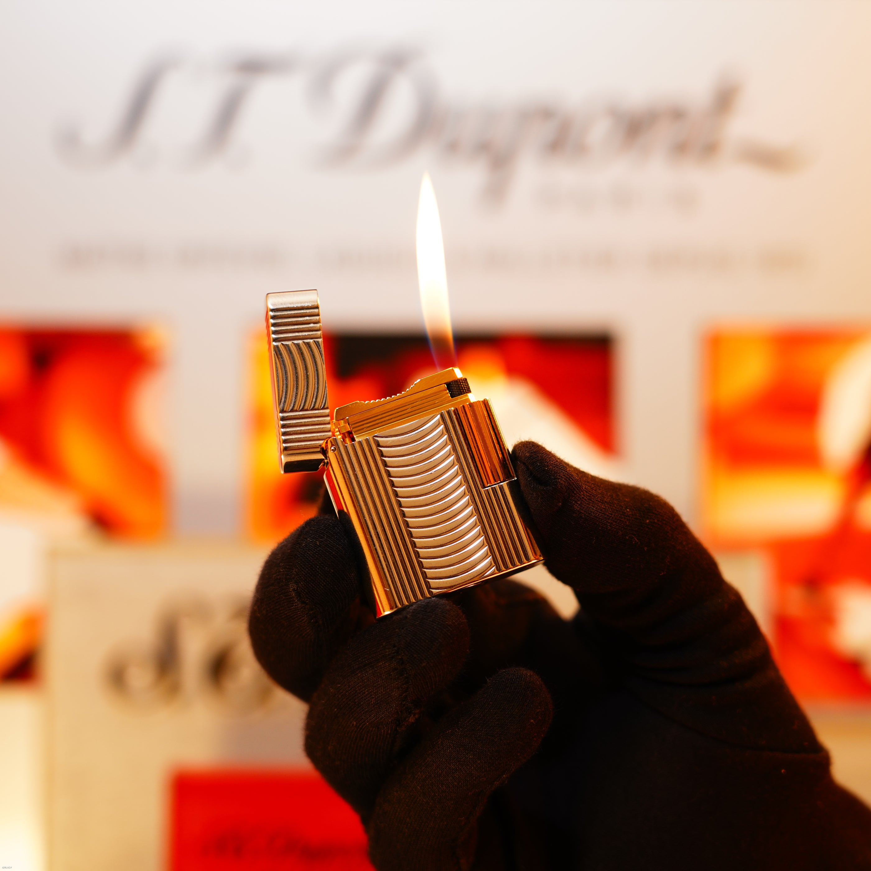 Vintage 1994 S.T. Dupont “Soubreny” Arc Wave Guilloché with Vertical Ribbed Sides Silver & Gold Lighter – Full Set