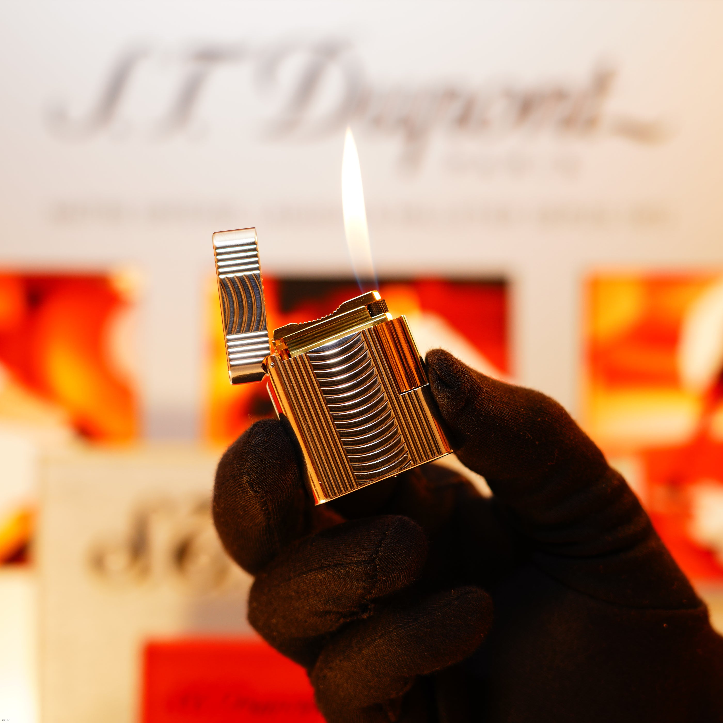 Vintage 1994 S.T. Dupont “Soubreny” Arc Wave Guilloché with Vertical Ribbed Sides Silver & Gold Lighter – Full Set