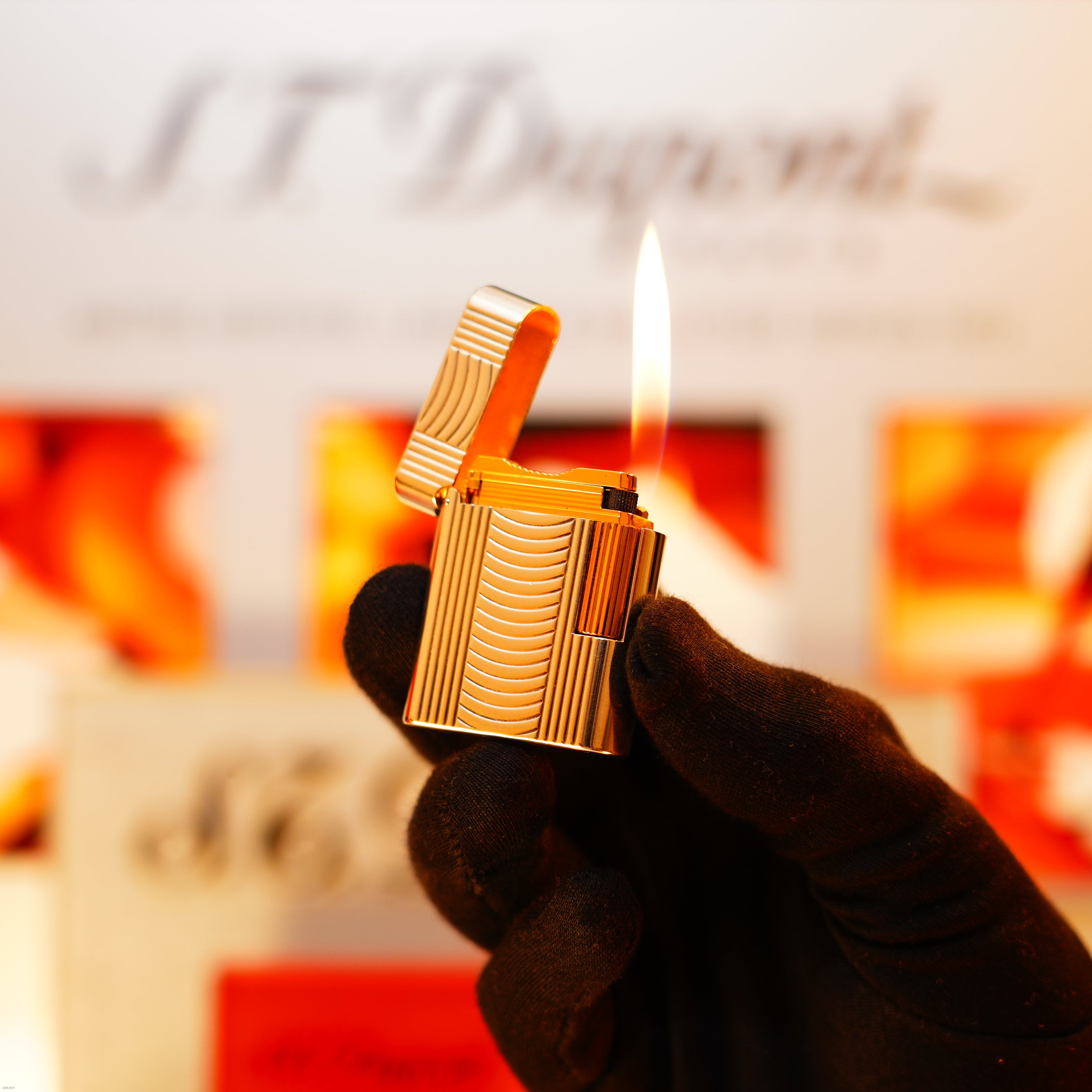 Vintage 1994 S.T. Dupont “Soubreny” Arc Wave Guilloché with Vertical Ribbed Sides Silver & Gold Lighter – Full Set