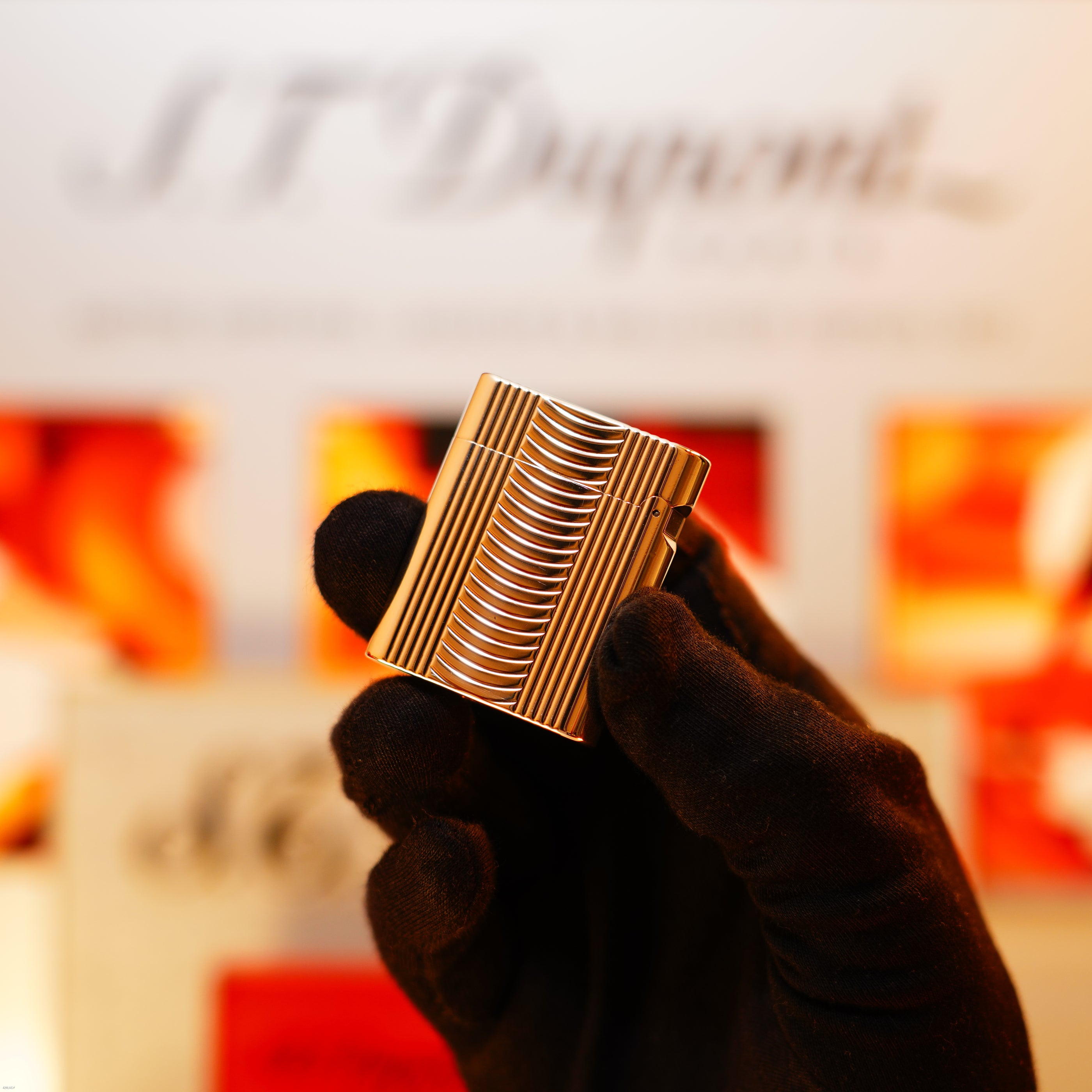 Vintage 1994 S.T. Dupont “Soubreny” Arc Wave Guilloché with Vertical Ribbed Sides Silver & Gold Lighter – Full Set