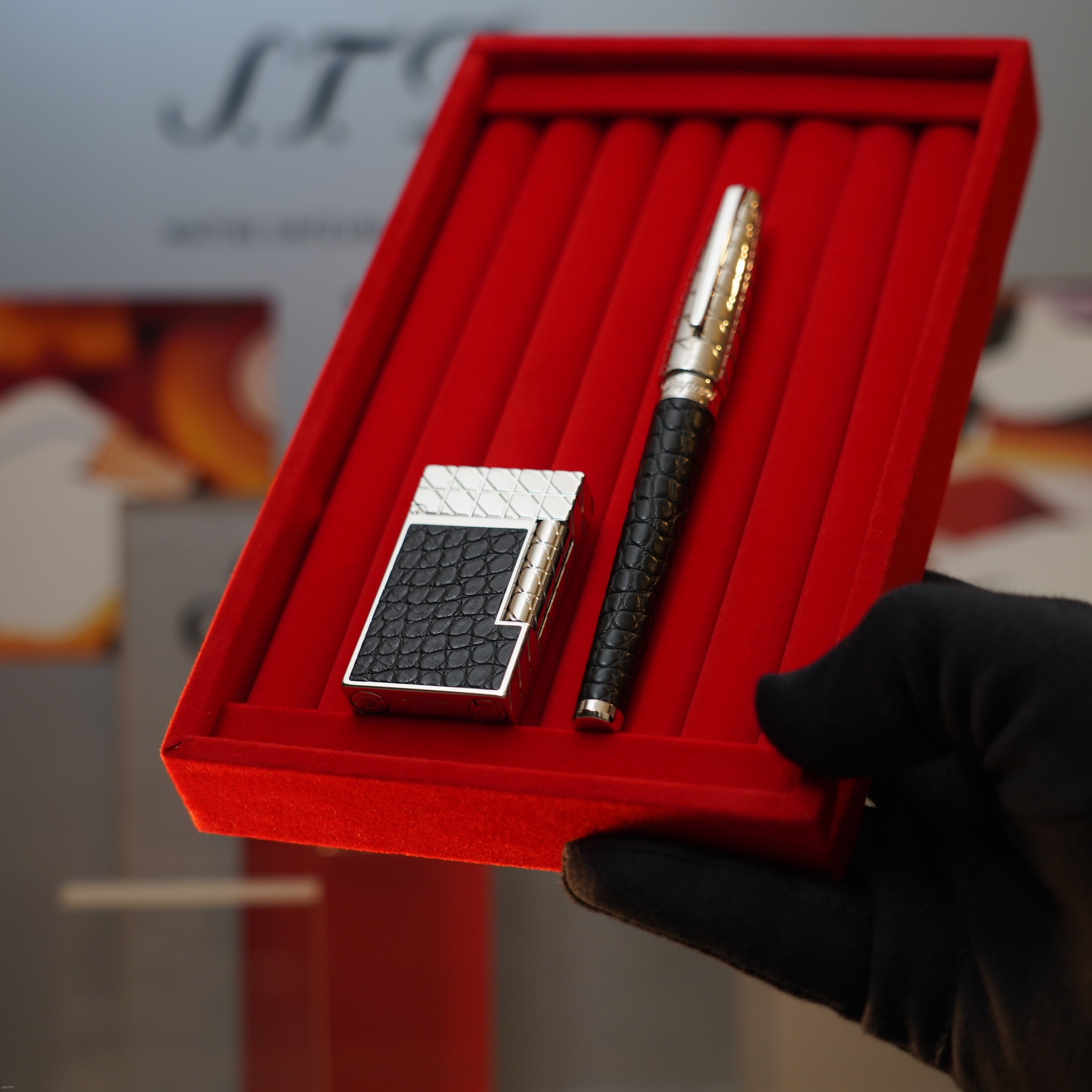 Vintage 1990 S.T. Dupont Black Real Rare Black Alligator Havane Palladium Large Ligne 2 Lighter & Fountain Pen Set Loud Clink Sound