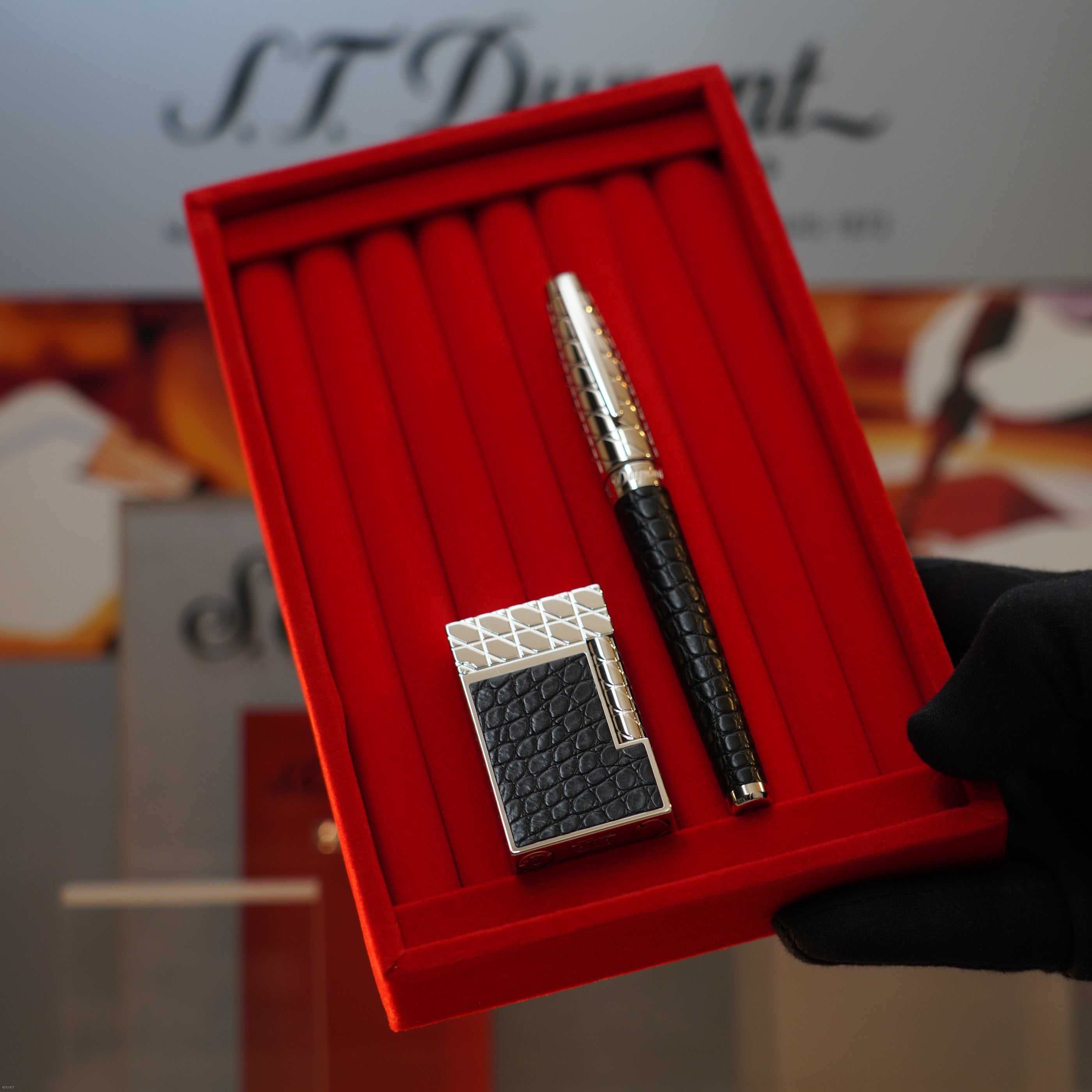 Vintage 1990 S.T. Dupont Black Real Rare Black Alligator Havane Palladium Large Ligne 2 Lighter & Fountain Pen Set Loud Clink Sound