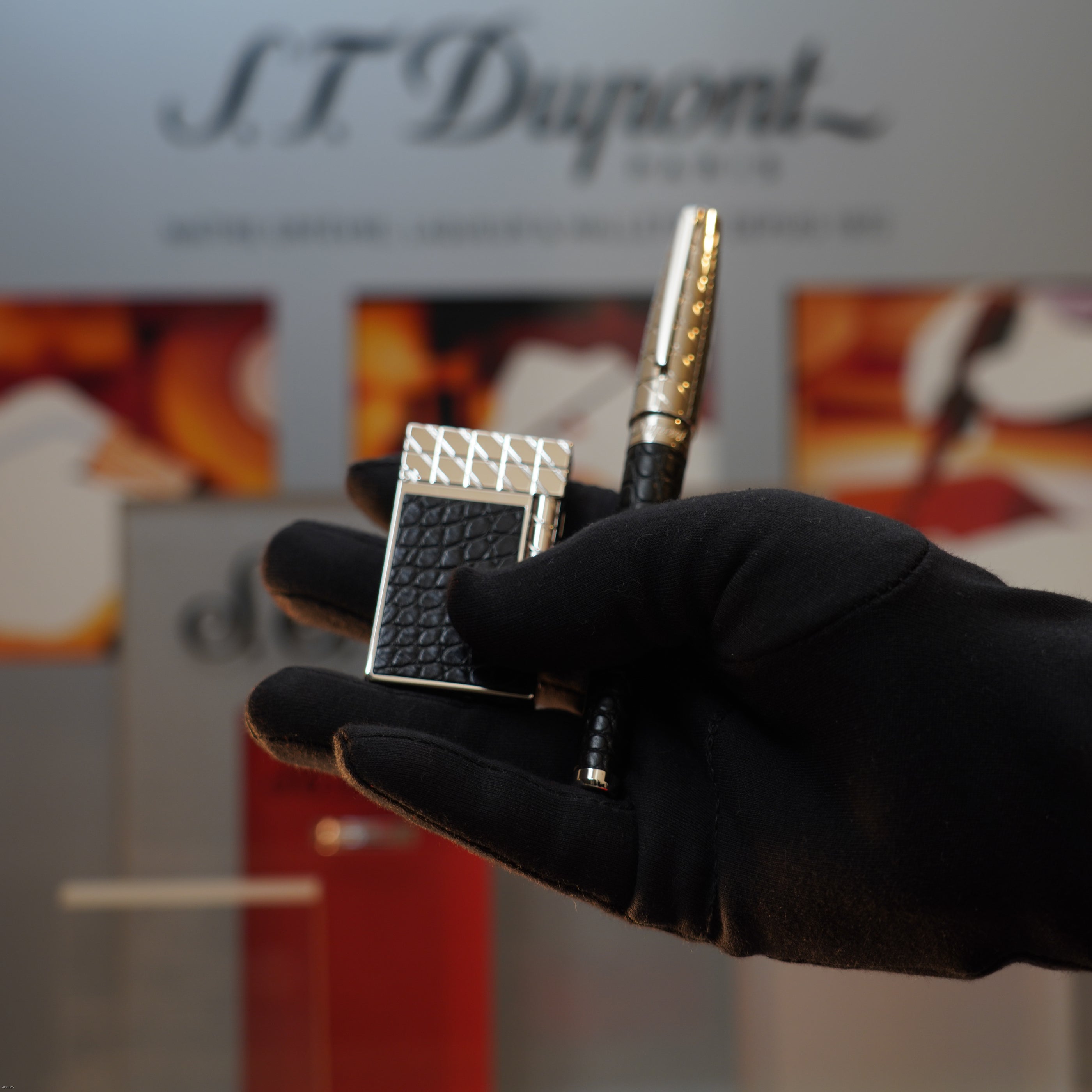 Vintage 1990 S.T. Dupont Black Real Rare Black Alligator Havane Palladium Large Ligne 2 Lighter & Fountain Pen Set Loud Clink Sound