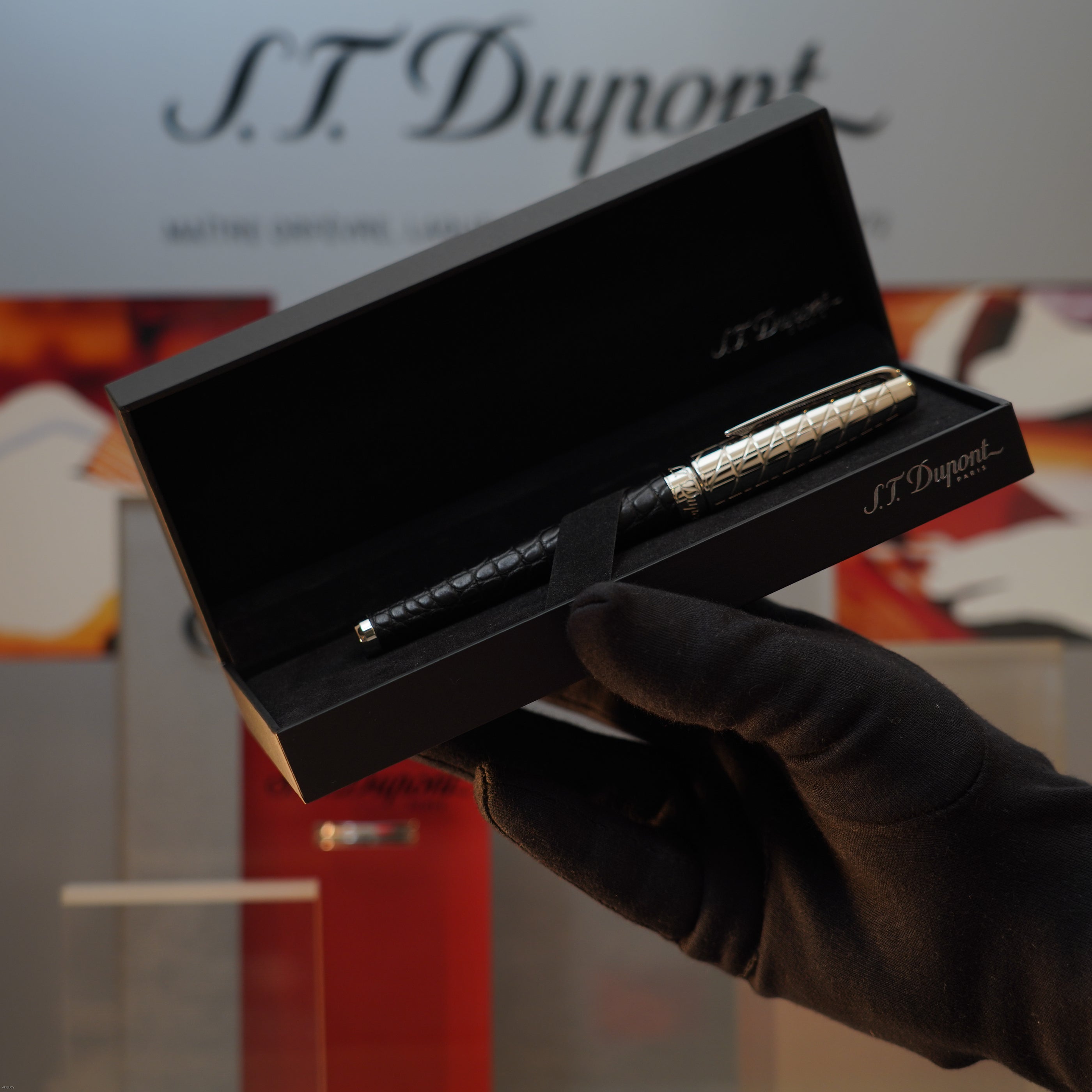 Vintage 1990 S.T. Dupont Black Real Rare Black Alligator Havane Palladium Large Ligne 2 Lighter & Fountain Pen Set Loud Clink Sound