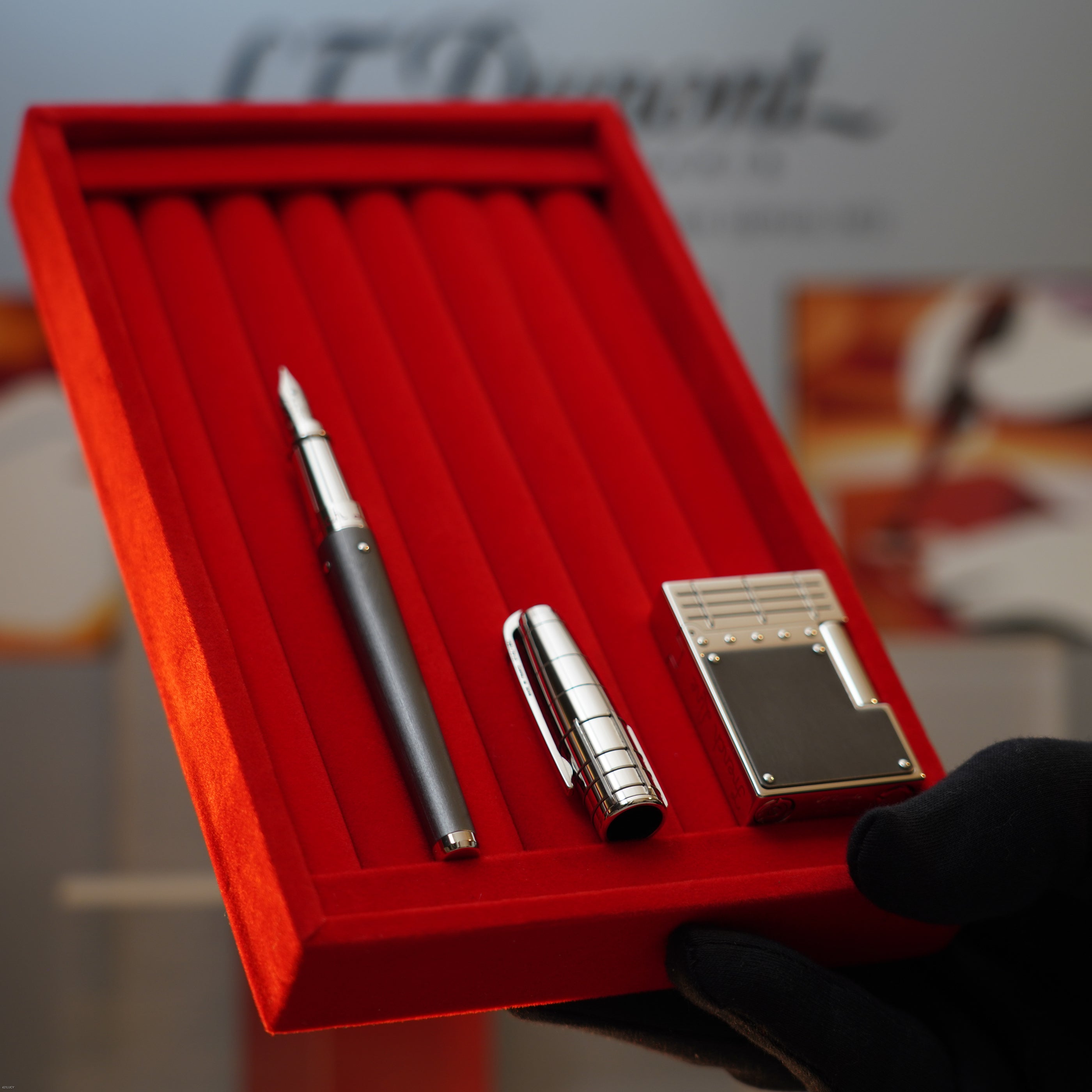 Vintage 2007 S.T. Dupont French Line Limited Edition Black Steel Heavy Platinum Ligne 2 Gatsby Lighter & Fountain Pen Set Clink Sound