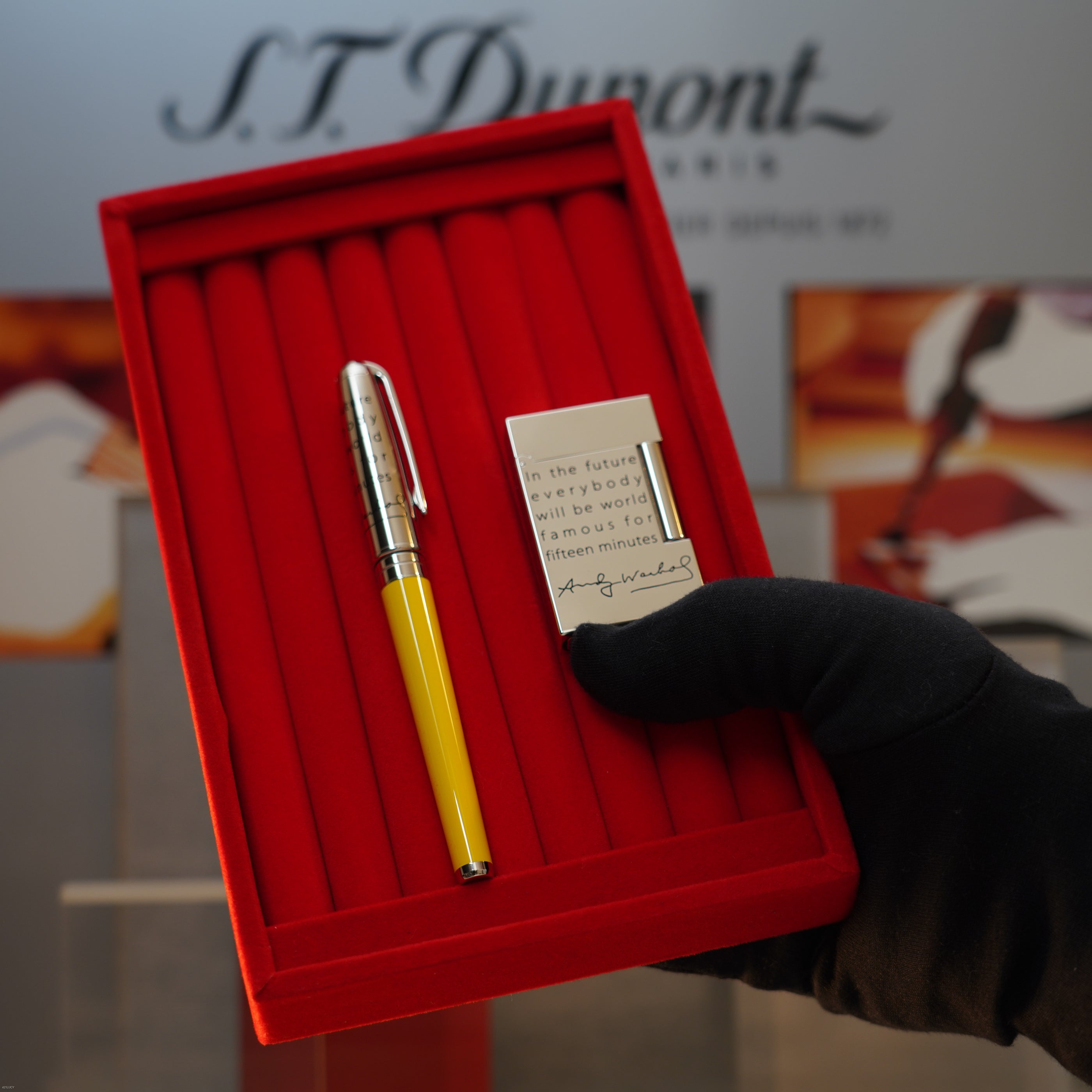 Vintage 2004 S.T. Dupont Andy Warhol Elvis Presley Limited Edition Heavy Platinum Large Ligne 2 Lighter & Fountain Pen Set Clink Sound