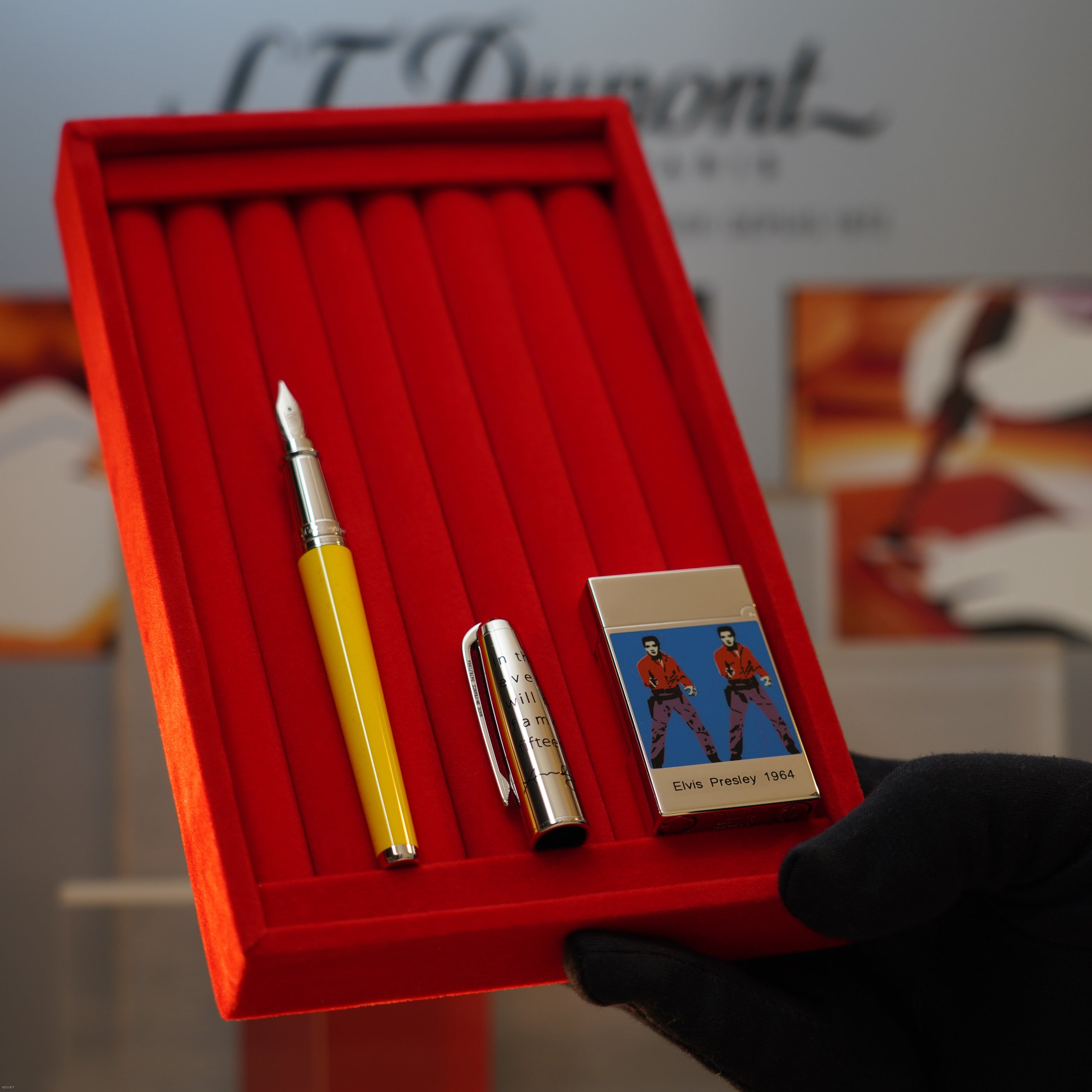Vintage 2004 S.T. Dupont Andy Warhol Elvis Presley Limited Edition Heavy Platinum Large Ligne 2 Lighter & Fountain Pen Set Clink Sound