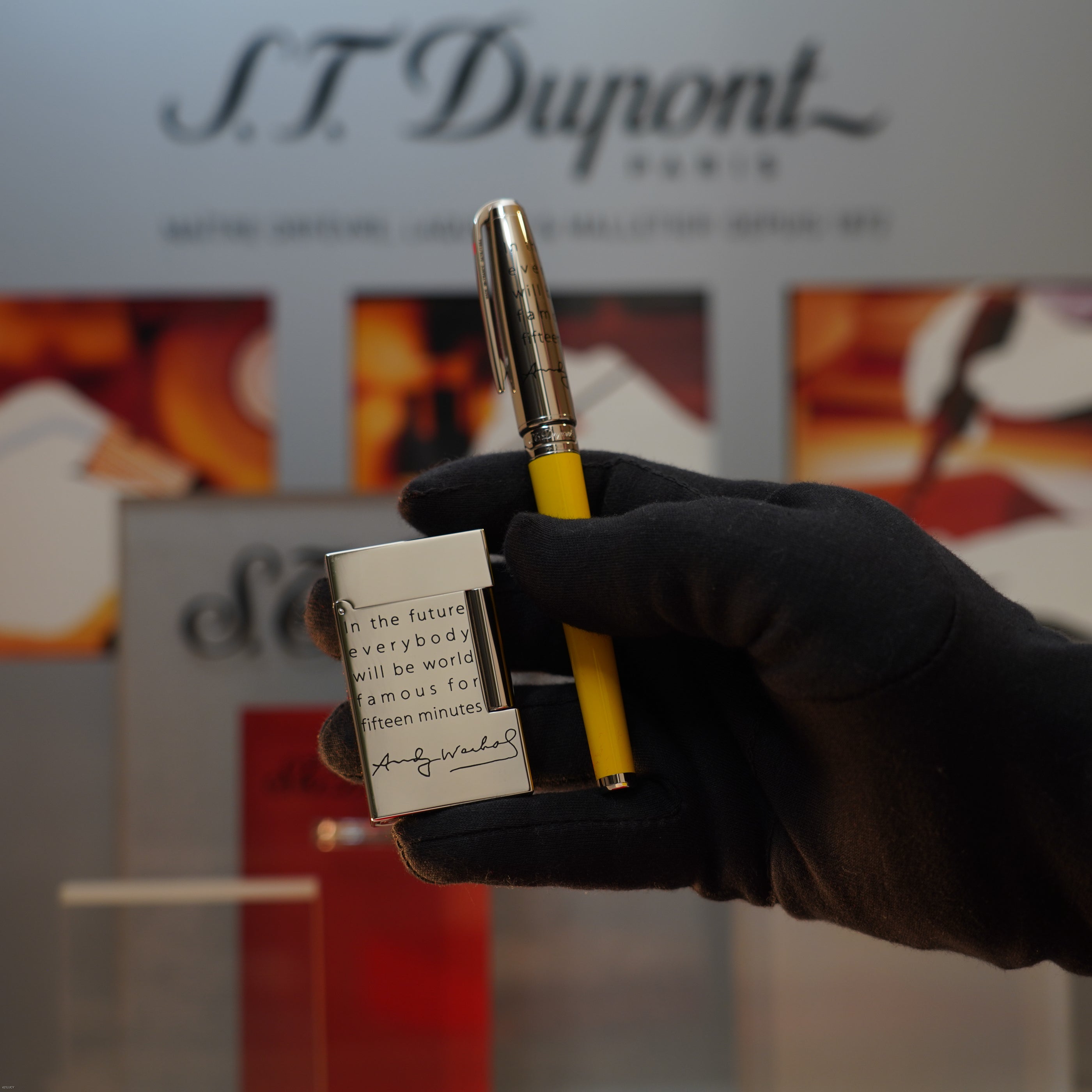 Vintage 2004 S.T. Dupont Andy Warhol Elvis Presley Limited Edition Heavy Platinum Large Ligne 2 Lighter & Fountain Pen Set Clink Sound