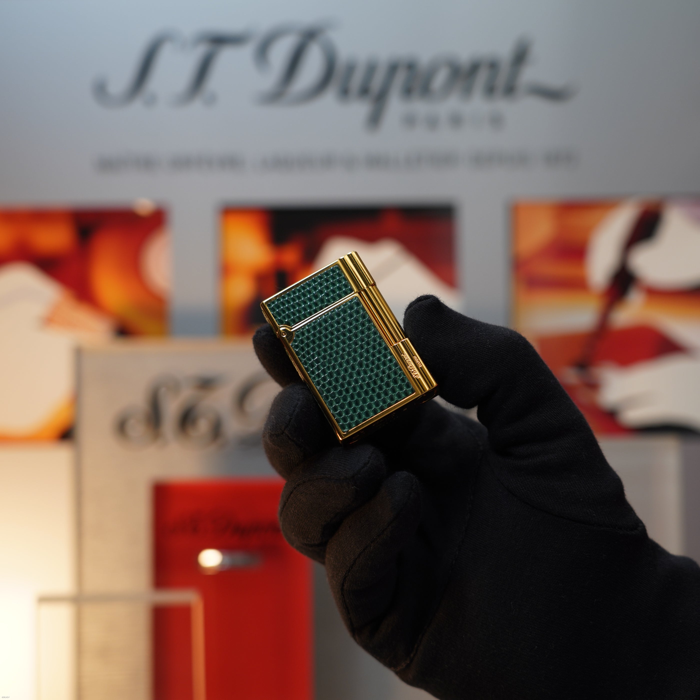 Vintage 1989 S.T. Dupont Rare Gatsby Gainierie Lézard Green Heavy 24k Gold Finish Ligne 2 Lighter Clink Sound