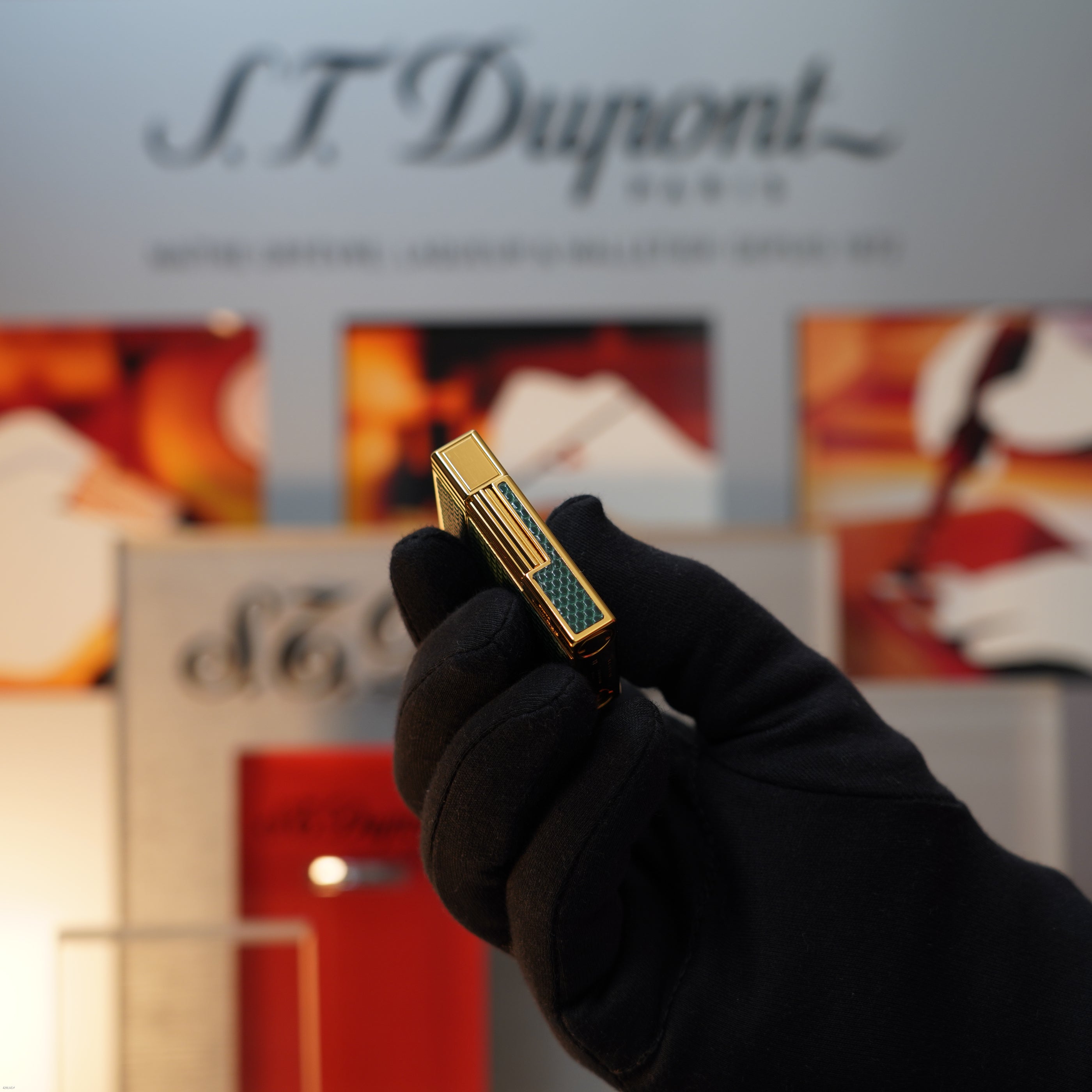 Vintage 1989 S.T. Dupont Rare Gatsby Gainierie Lézard Green Heavy 24k Gold Finish Ligne 2 Lighter Clink Sound