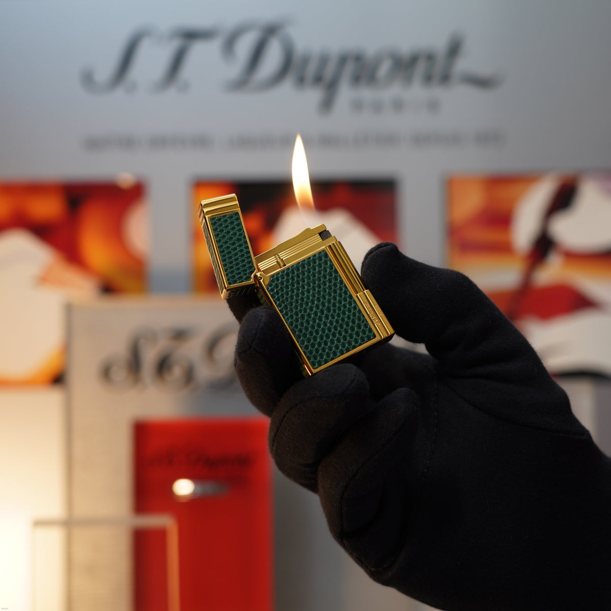 Vintage 1989 S.T. Dupont Rare Gatsby Gainierie Lézard Green Heavy 24k Gold Finish Ligne 2 Lighter Clink Sound