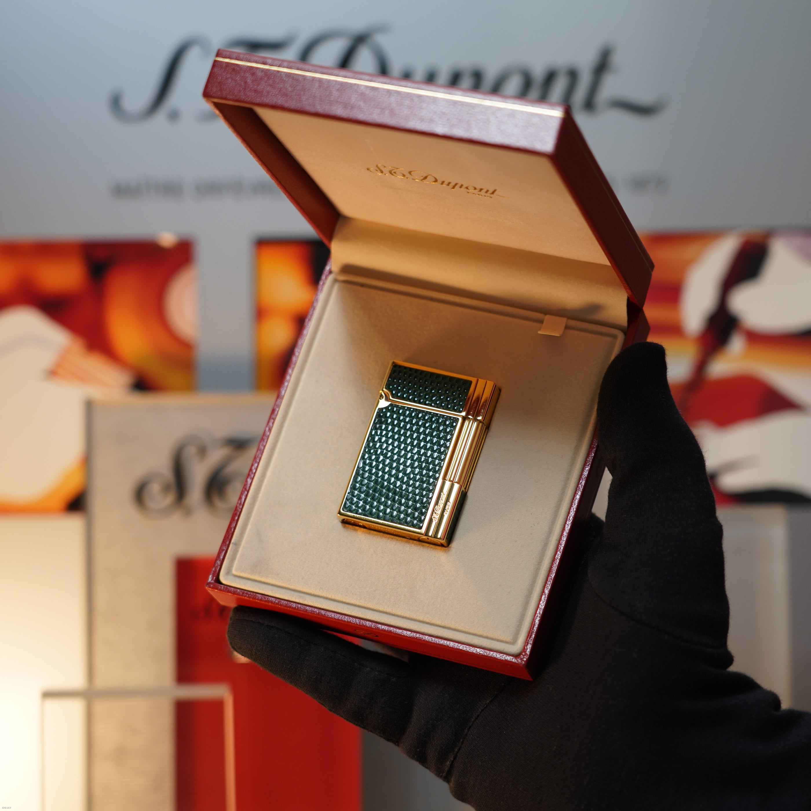 Vintage 1989 S.T. Dupont Rare Gatsby Gainierie Lézard Green Heavy 24k Gold Finish Ligne 2 Lighter Clink Sound
